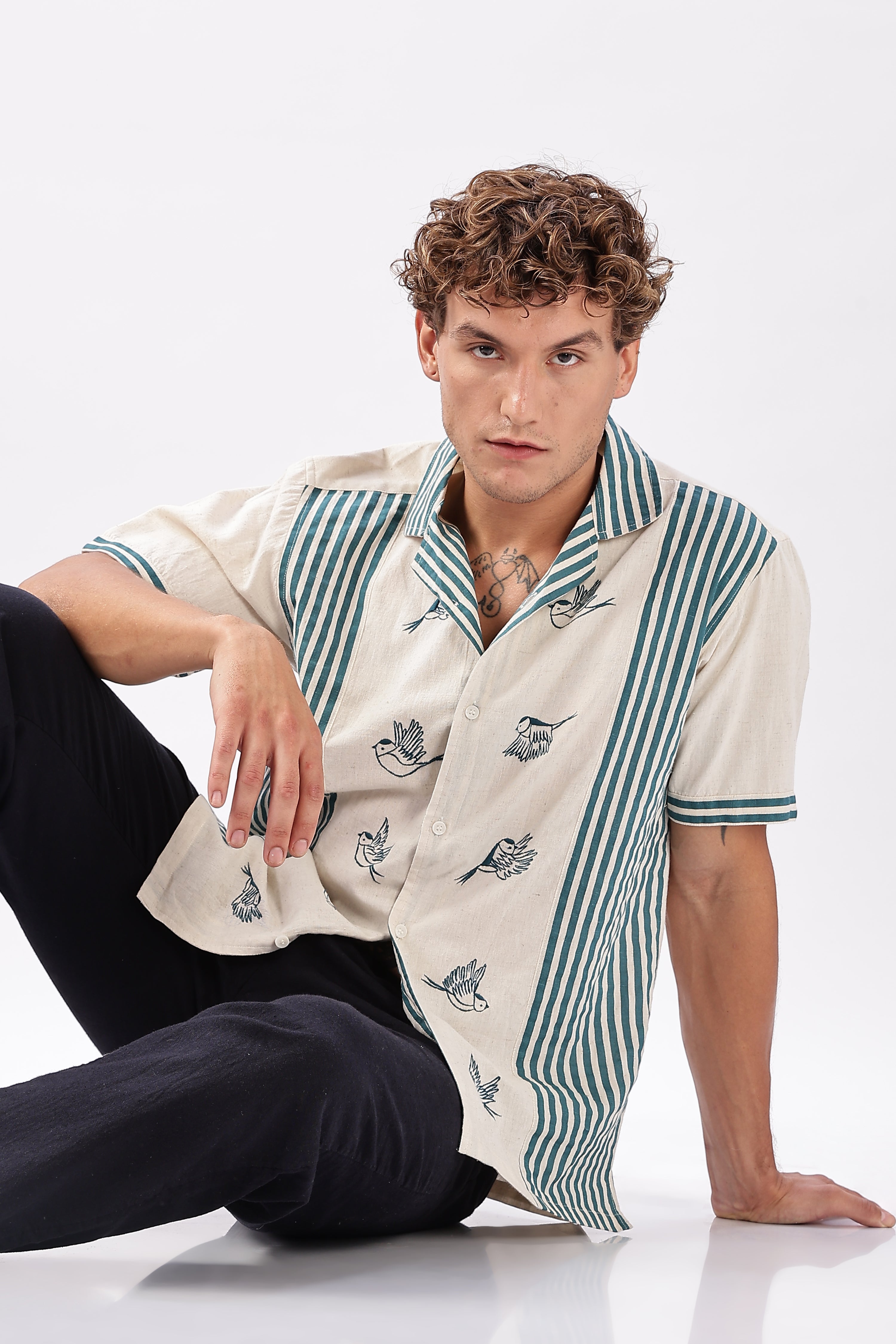 Soaring Sparrow Cotton Regular Fit Beige Embroidered Shirt