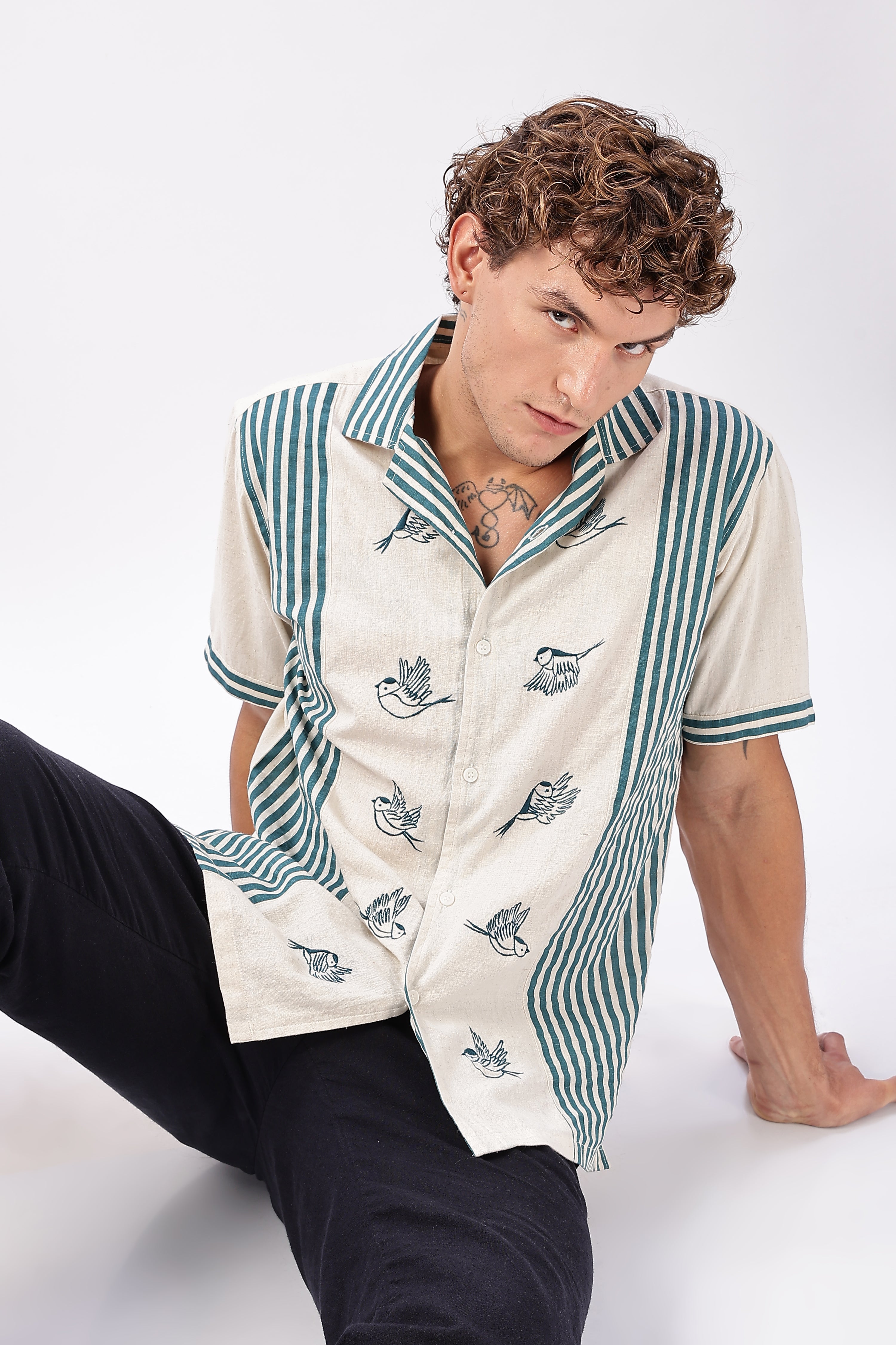 Soaring Sparrow Cotton Regular Fit Beige Embroidered Shirt