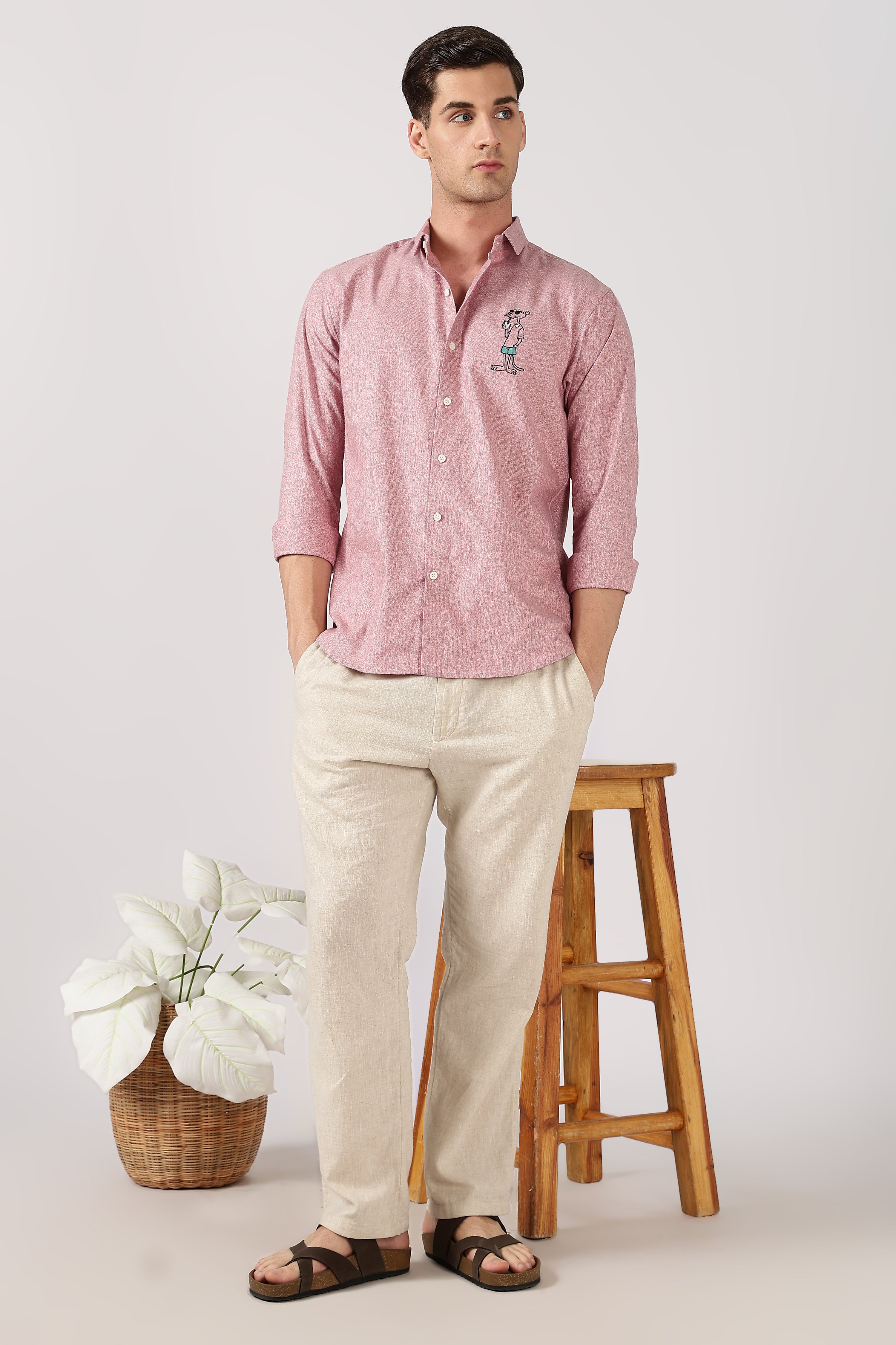 Soda Stroll Cotton Regular Fit Pink Embroidered Shirt