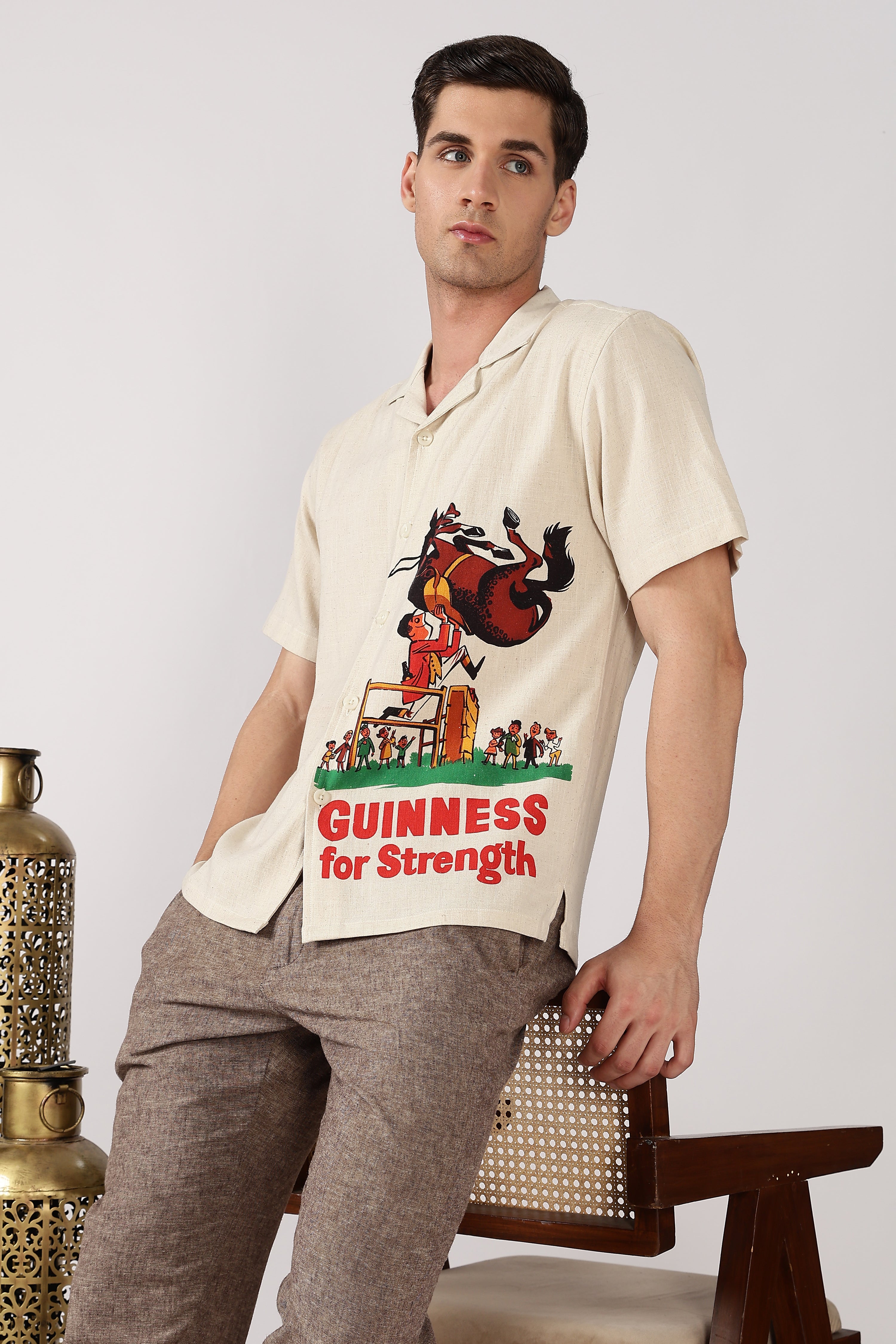 Bull Rider Cotton Box Fit Beige Printed Shirt