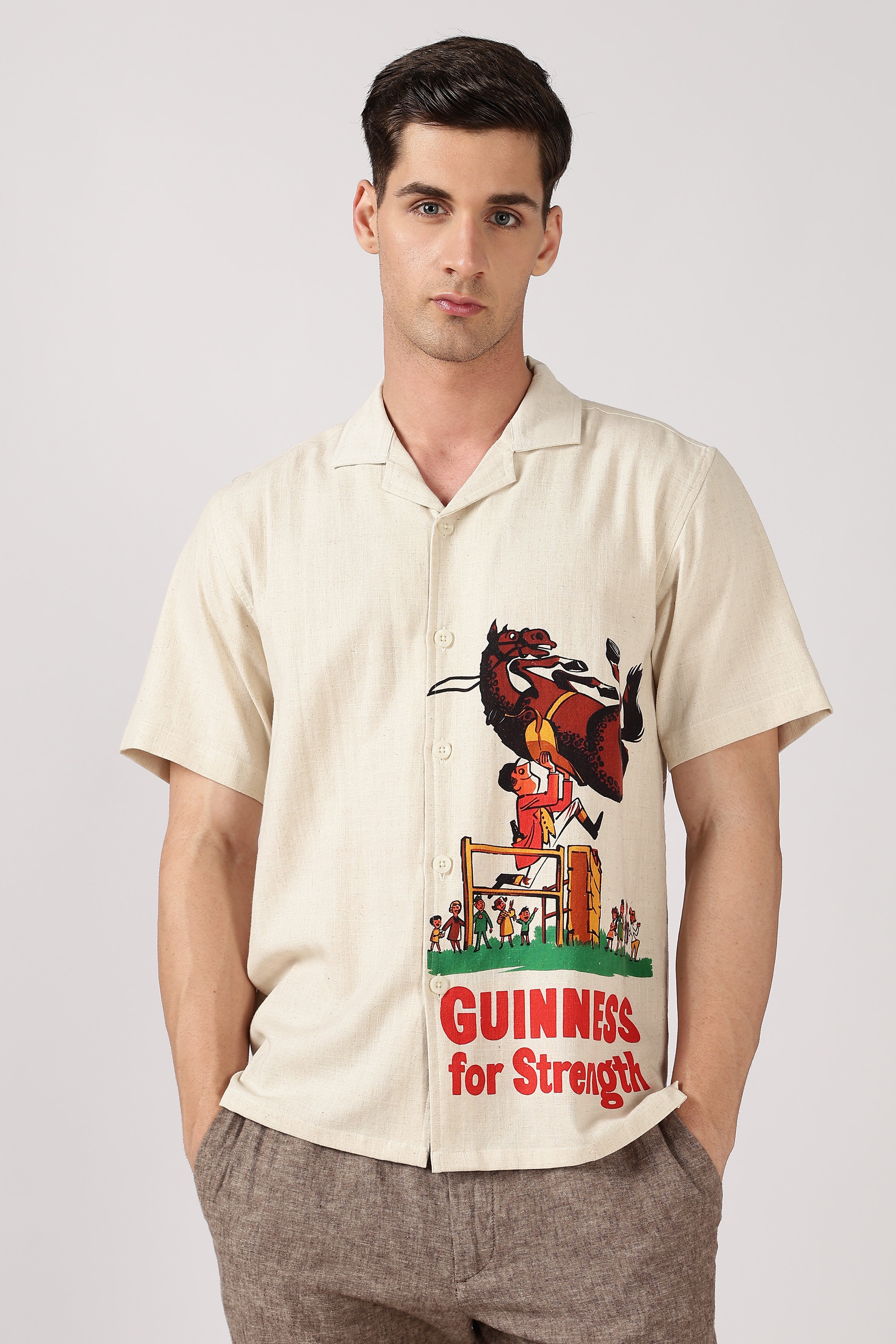 Bull Rider Cotton Box Fit Beige Printed Shirt
