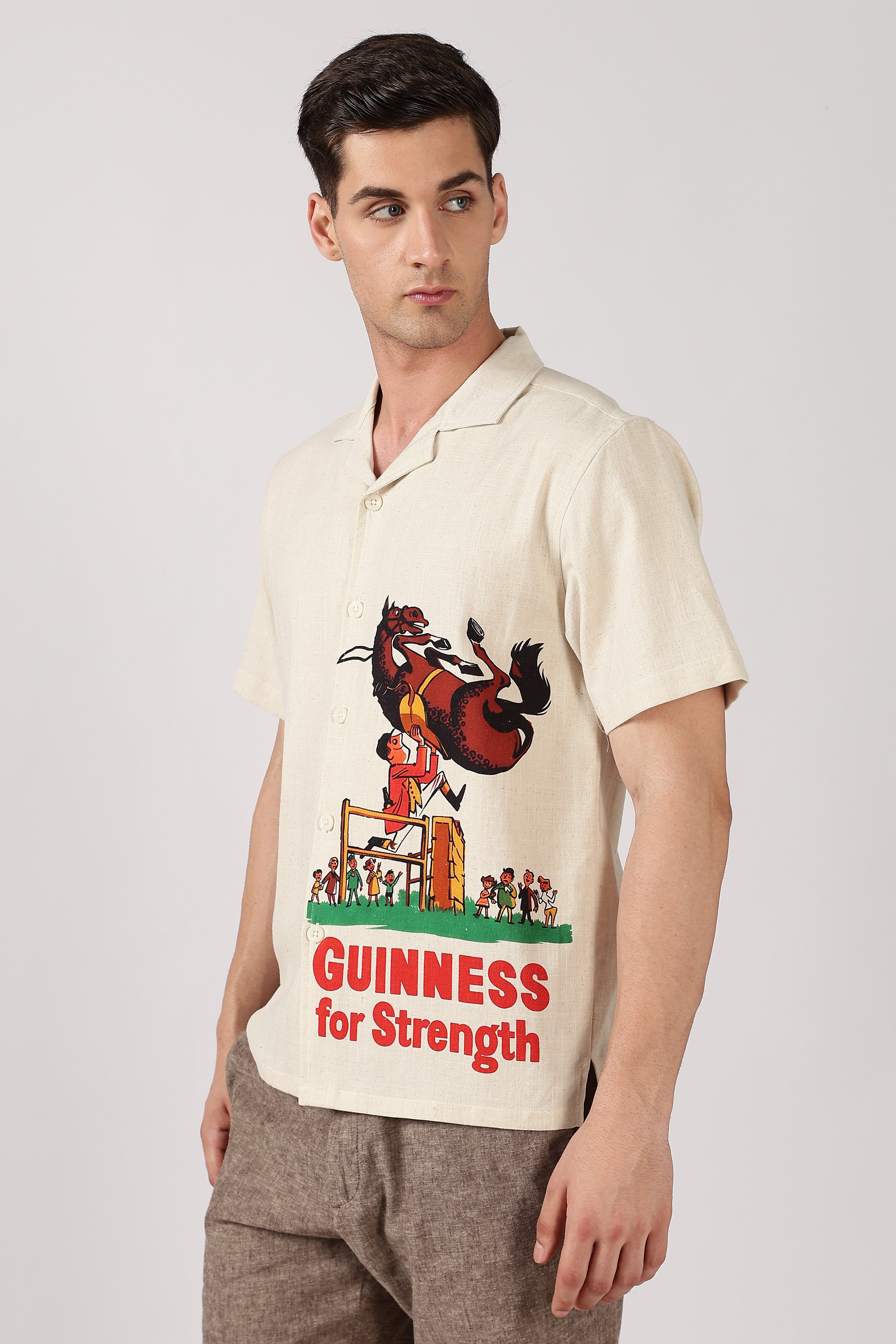 Bull Rider Cotton Box Fit Beige Printed Shirt