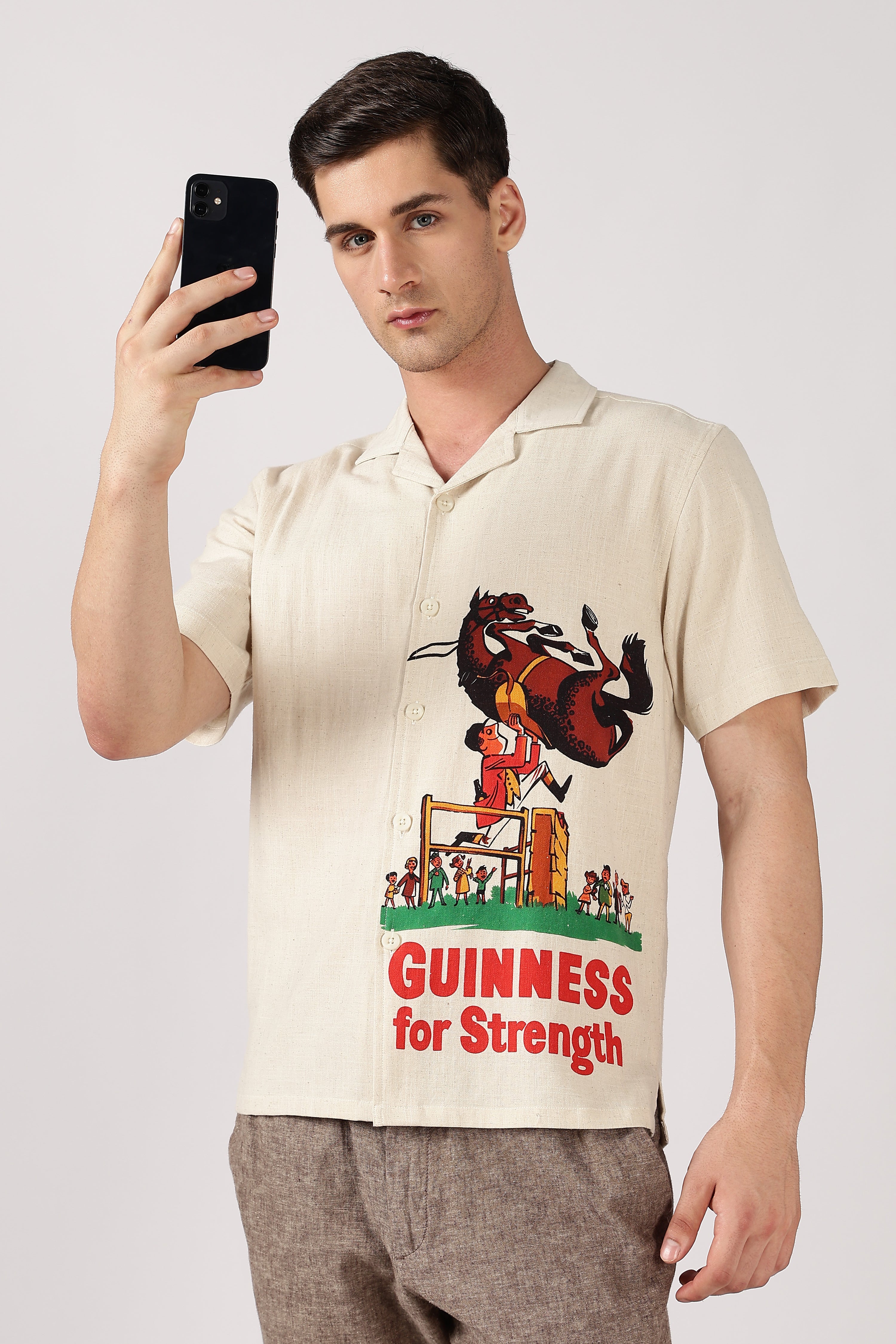 Bull Rider Cotton Box Fit Beige Printed Shirt