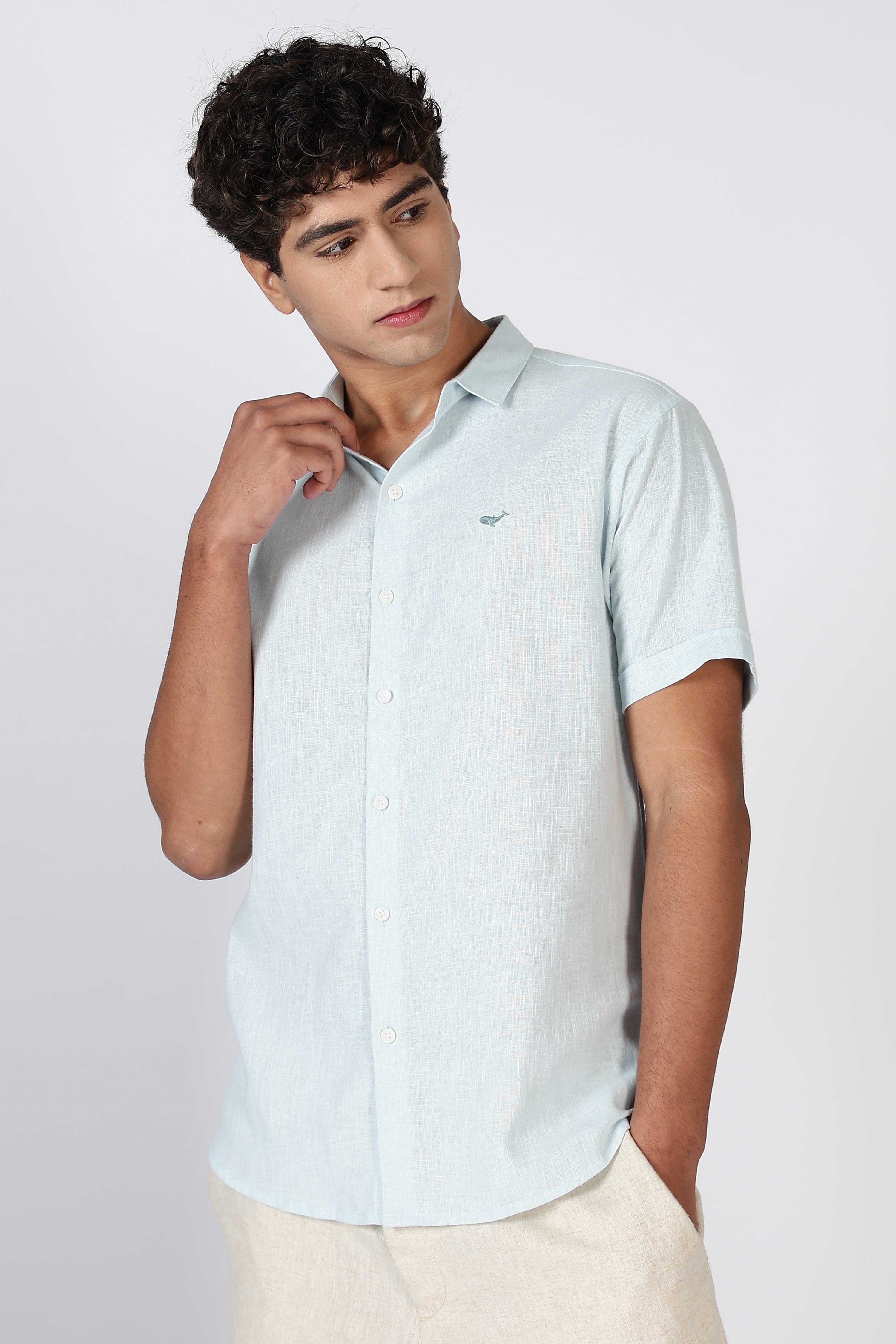 Coastal Drift Cotton-Linen Regular Fit Sky Blue Shirt