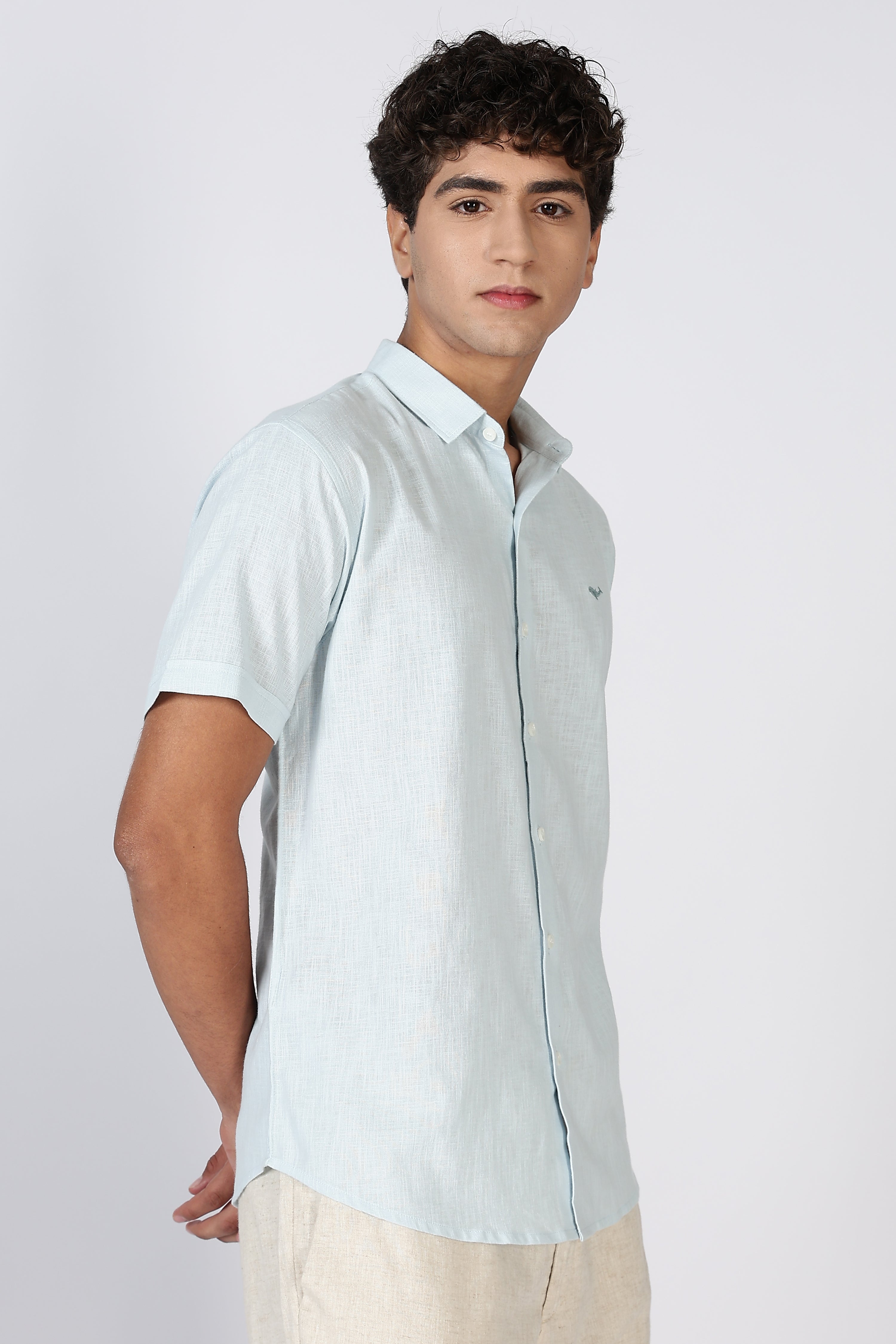 Coastal Drift Cotton-Linen Regular Fit Sky Blue Shirt