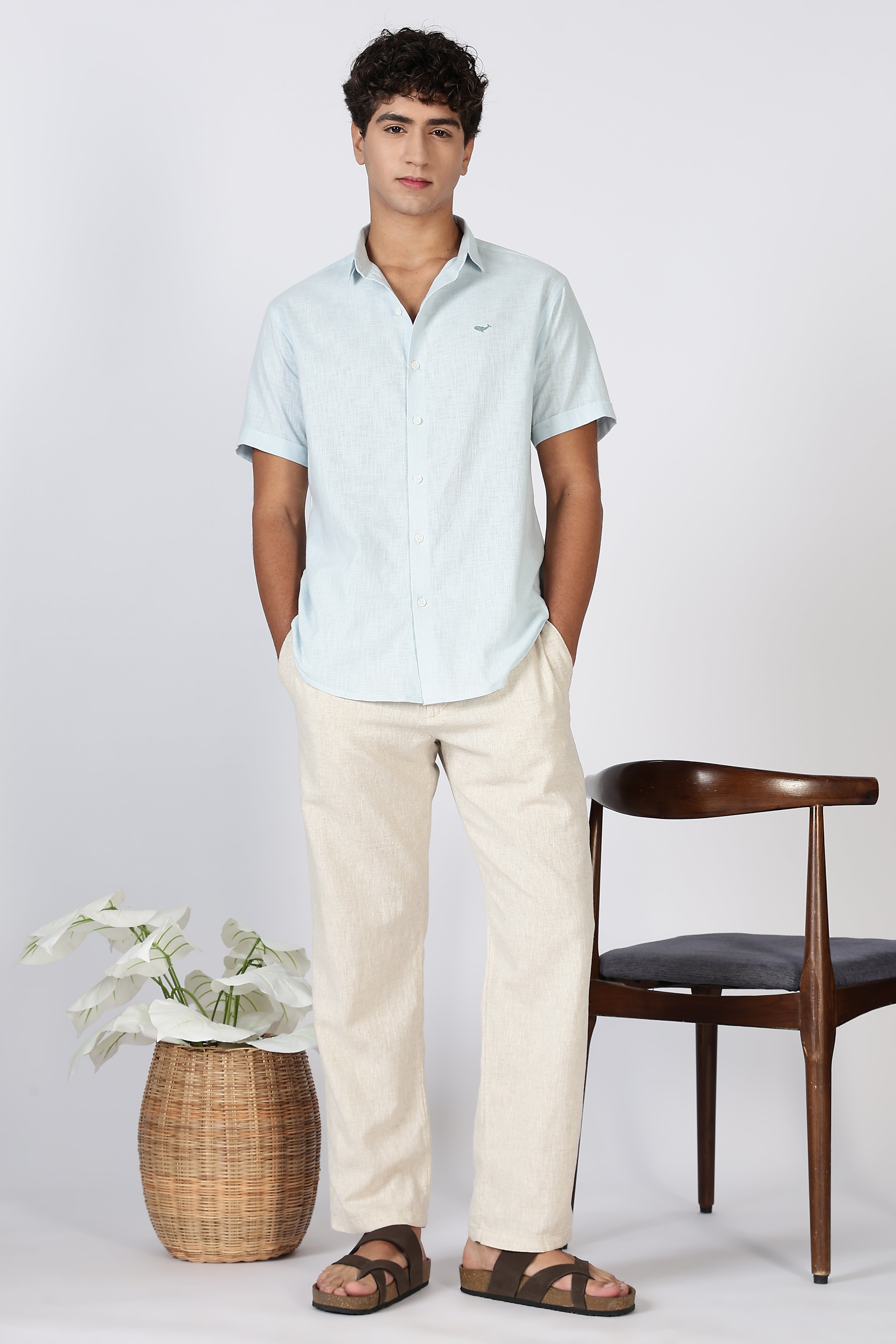 Coastal Drift Cotton-Linen Regular Fit Sky Blue Shirt