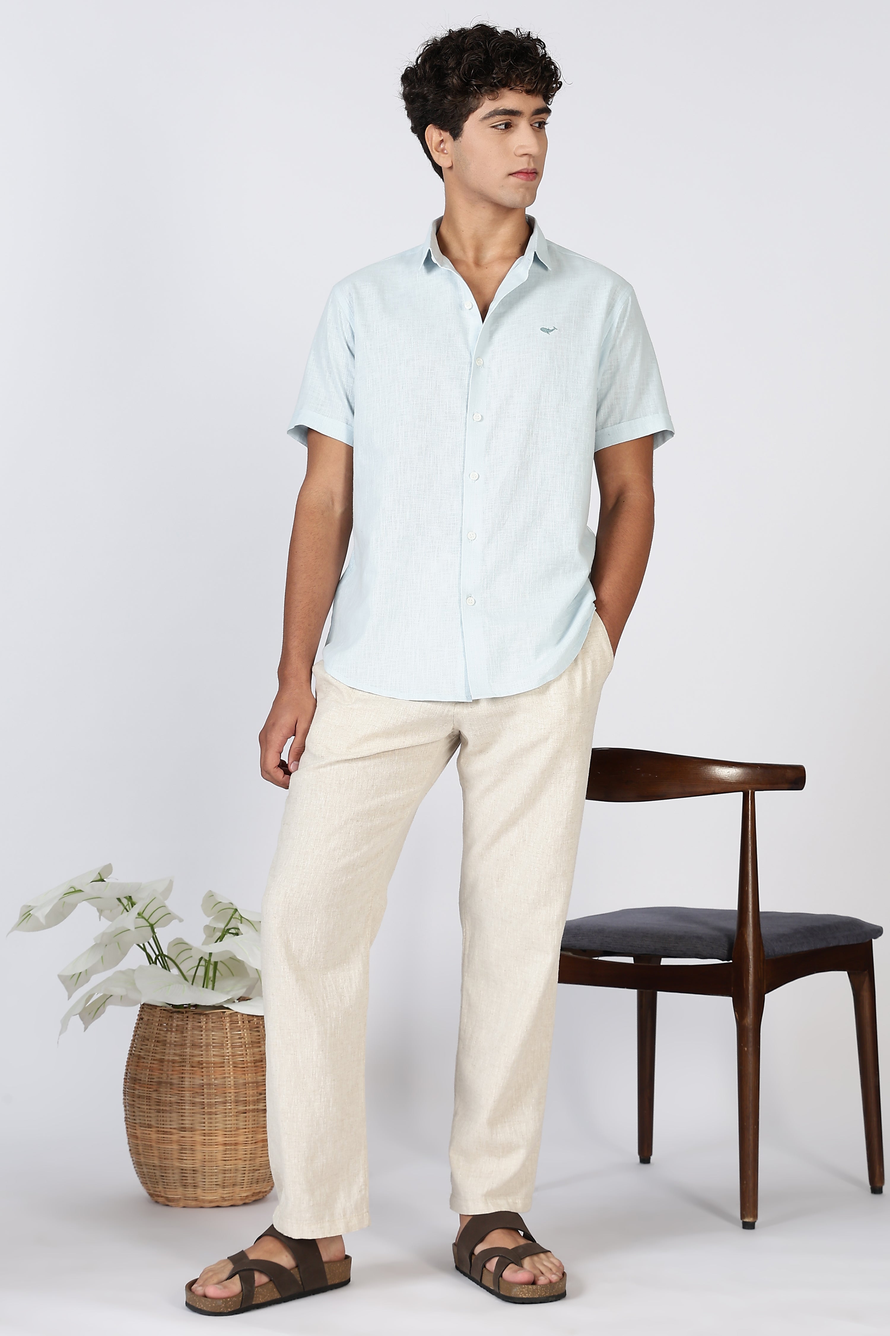 Coastal Drift Cotton-Linen Regular Fit Sky Blue Shirt