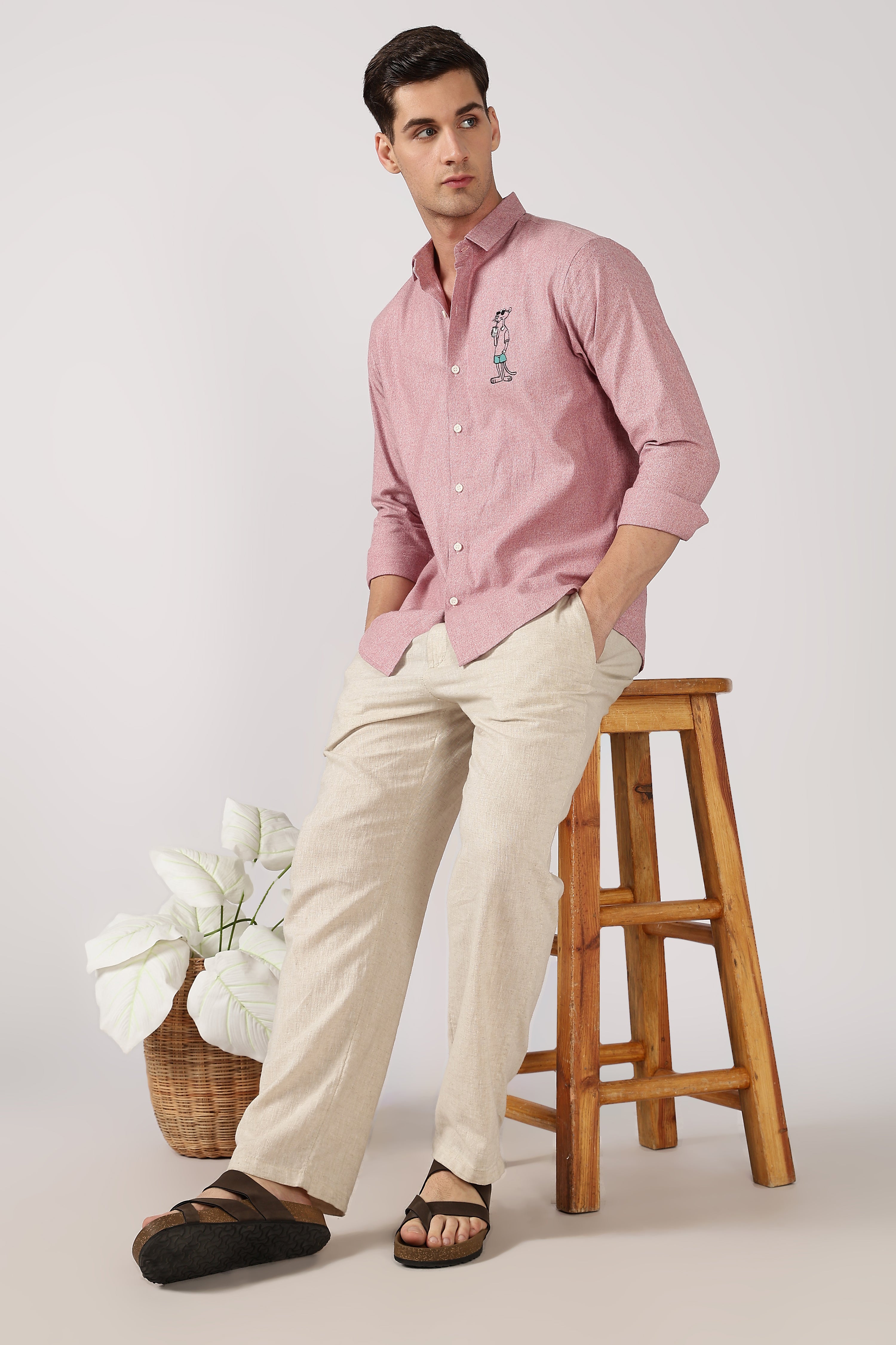 Soda Stroll Cotton Regular Fit Pink Embroidered Shirt