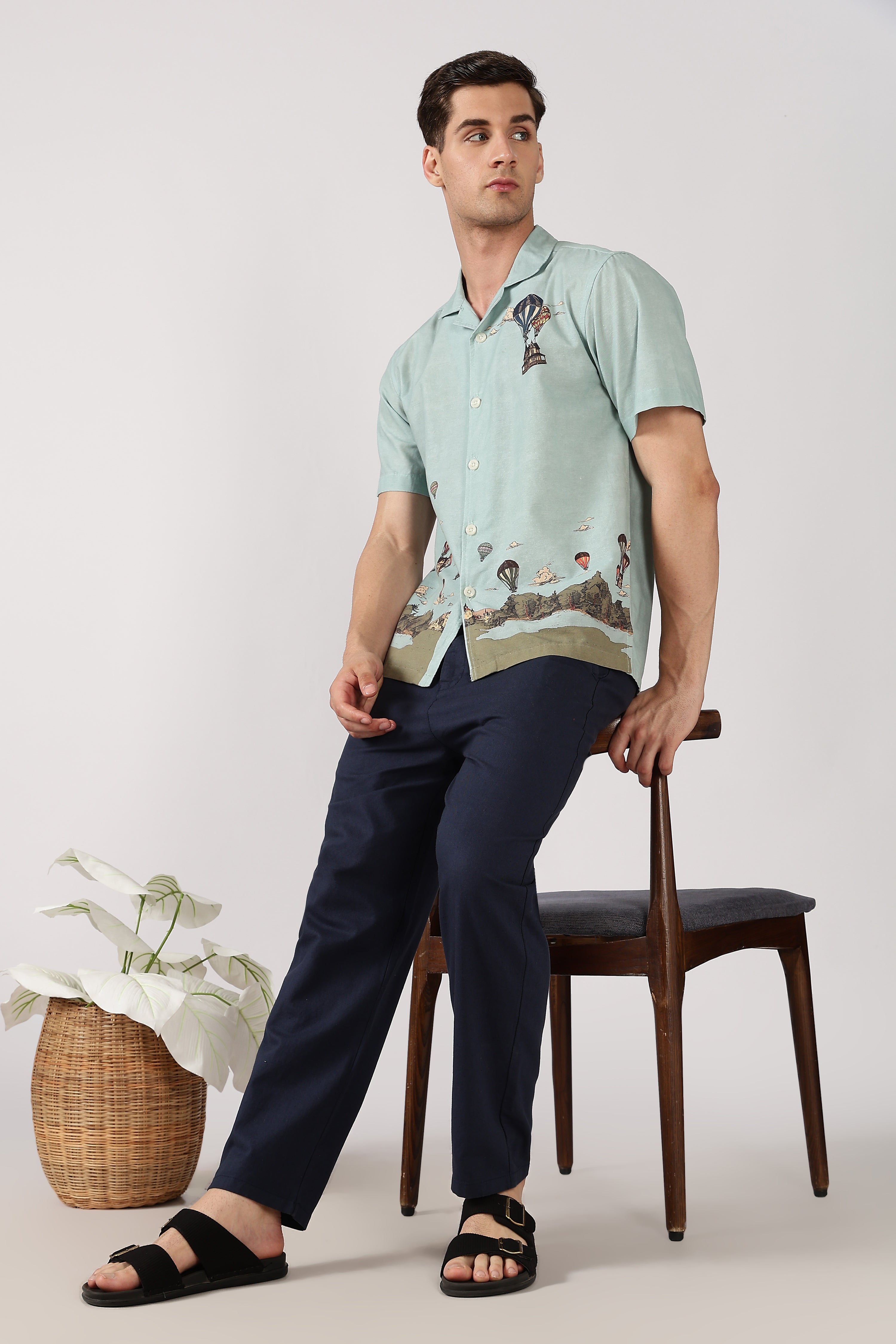 Whimsical Air Balloon Cotton Box Fit Sky Printed Shirt