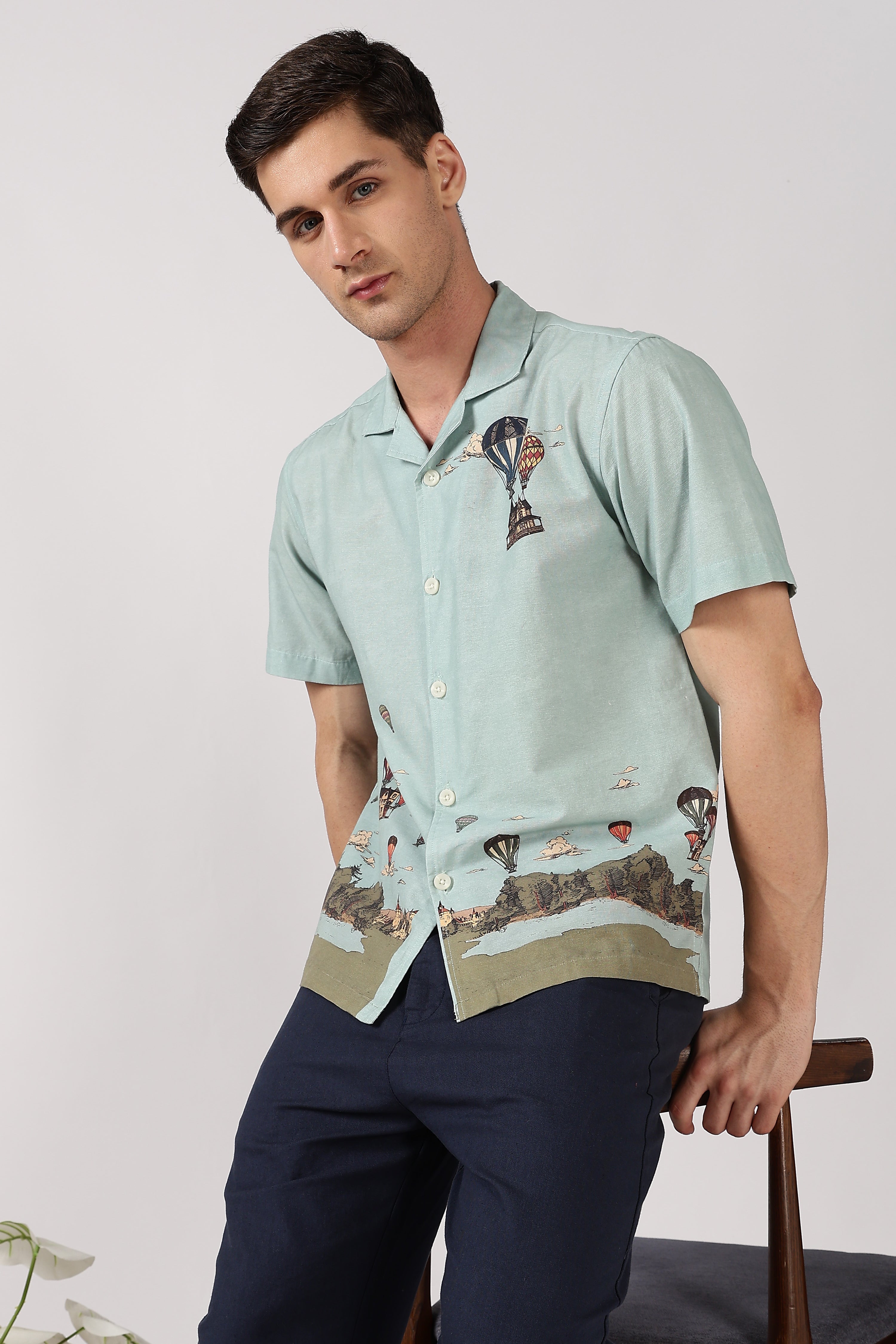 Whimsical Air Balloon Cotton Box Fit Sky Printed Shirt