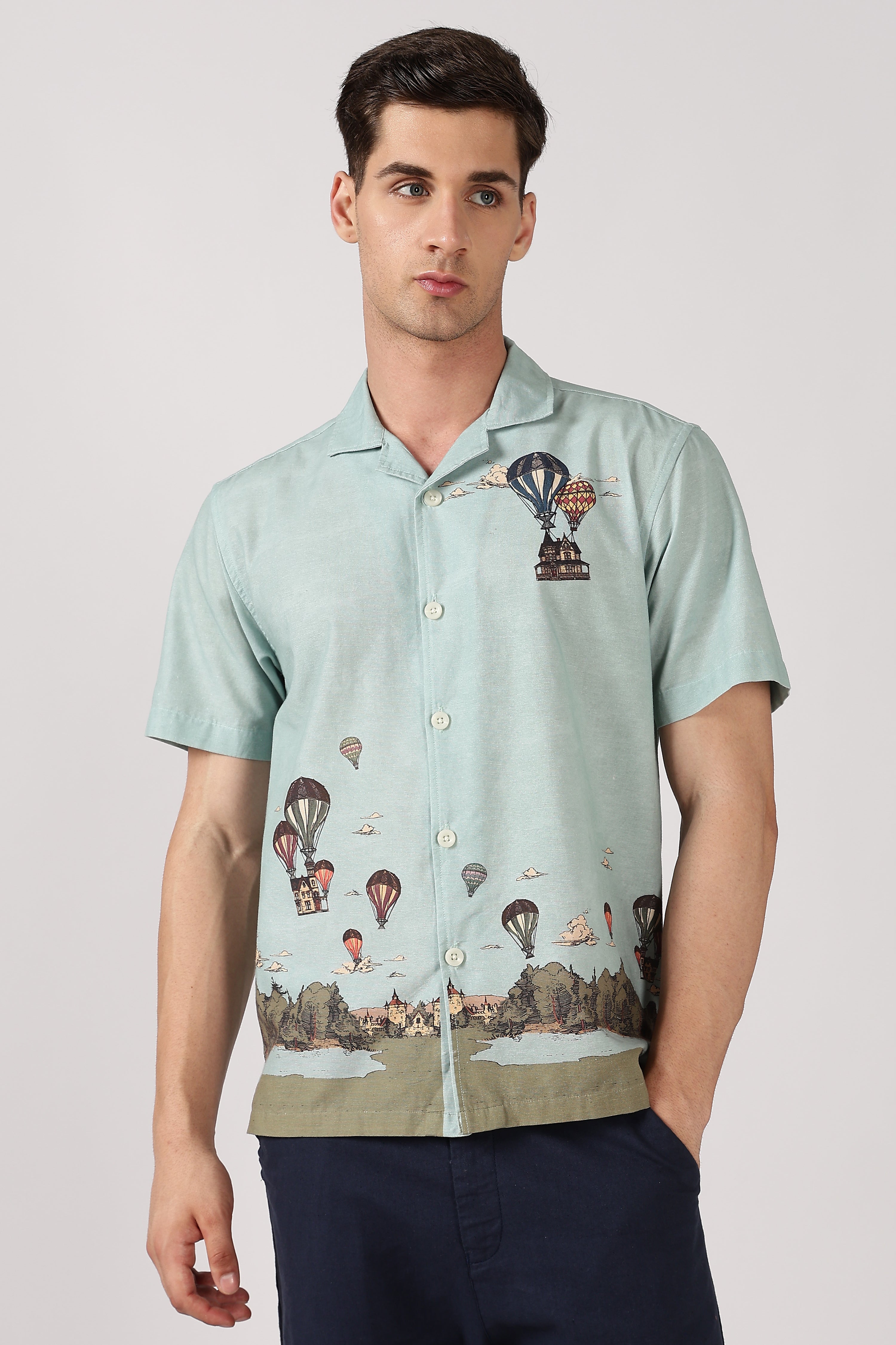 Whimsical Air Balloon Cotton Box Fit Sky Printed Shirt
