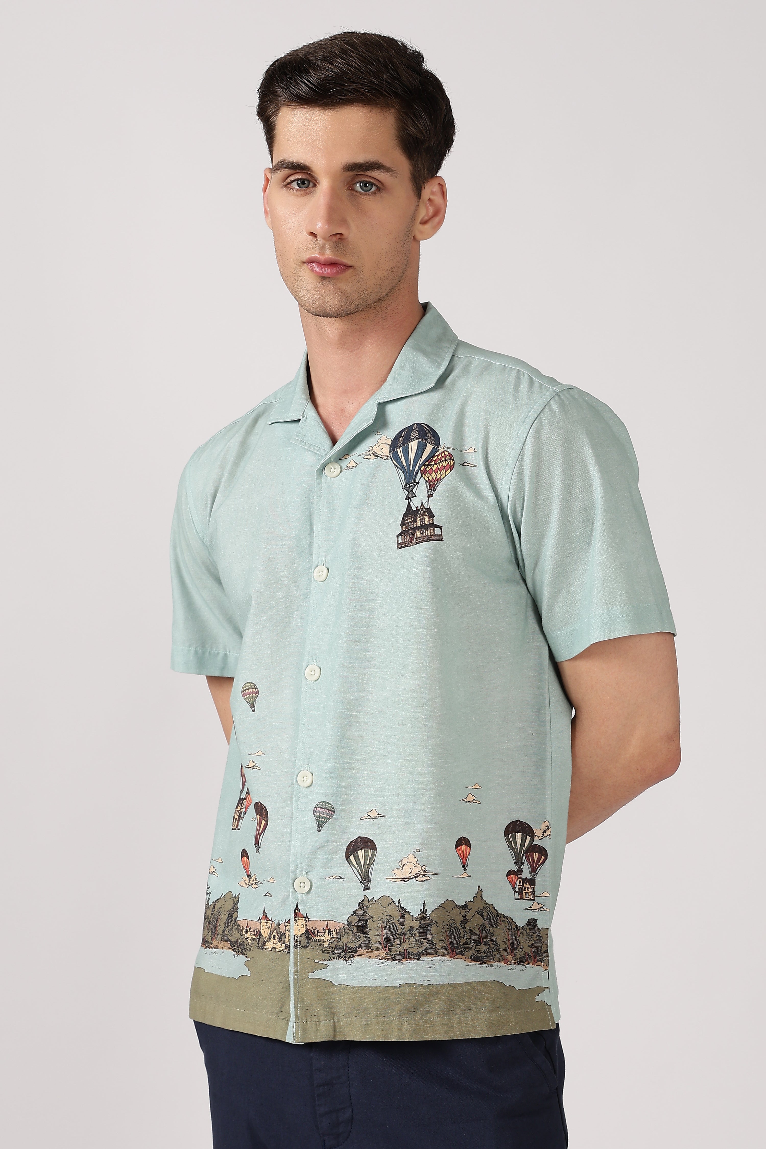 Whimsical Air Balloon Cotton Box Fit Sky Printed Shirt