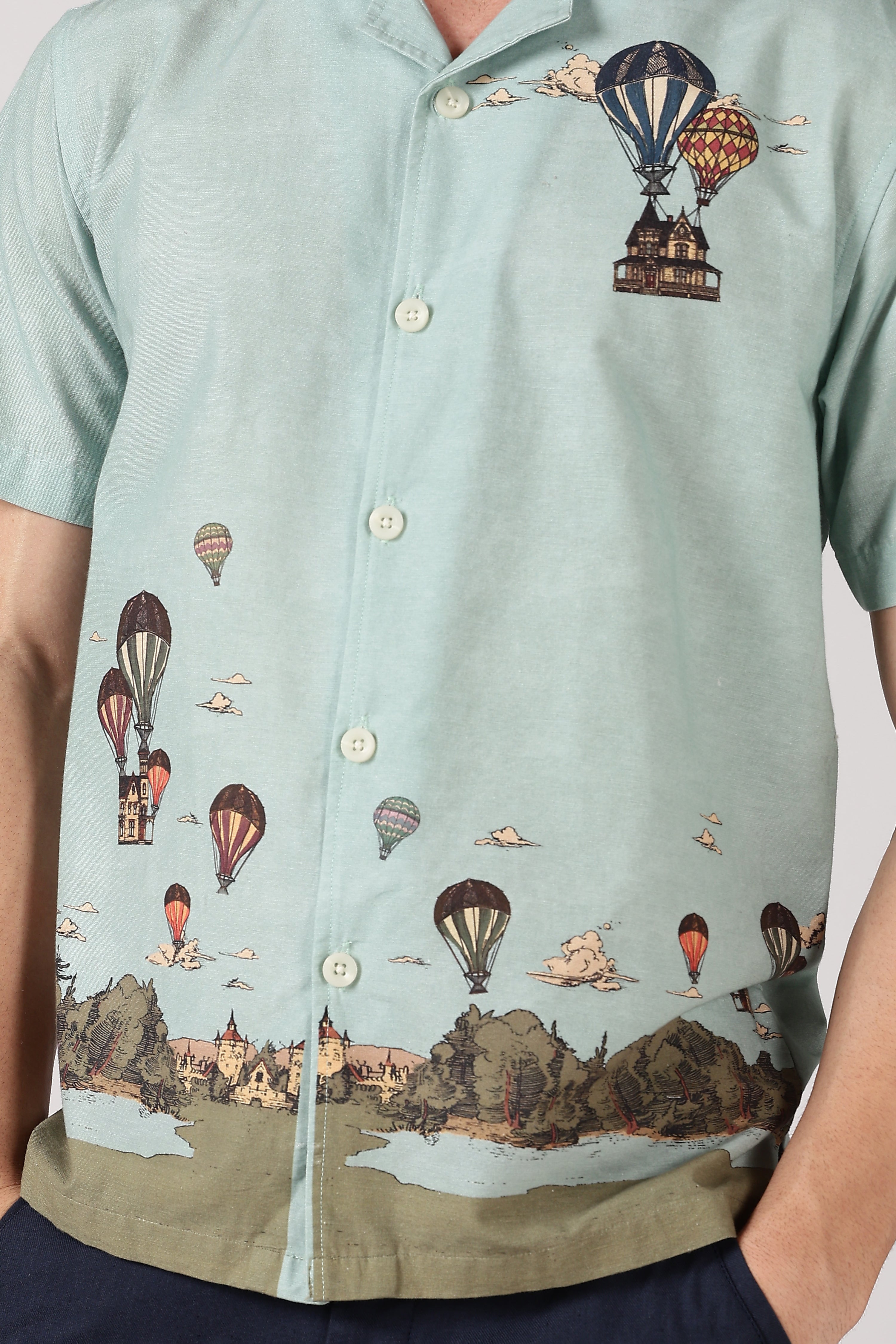 Whimsical Air Balloon Cotton Box Fit Sky Printed Shirt