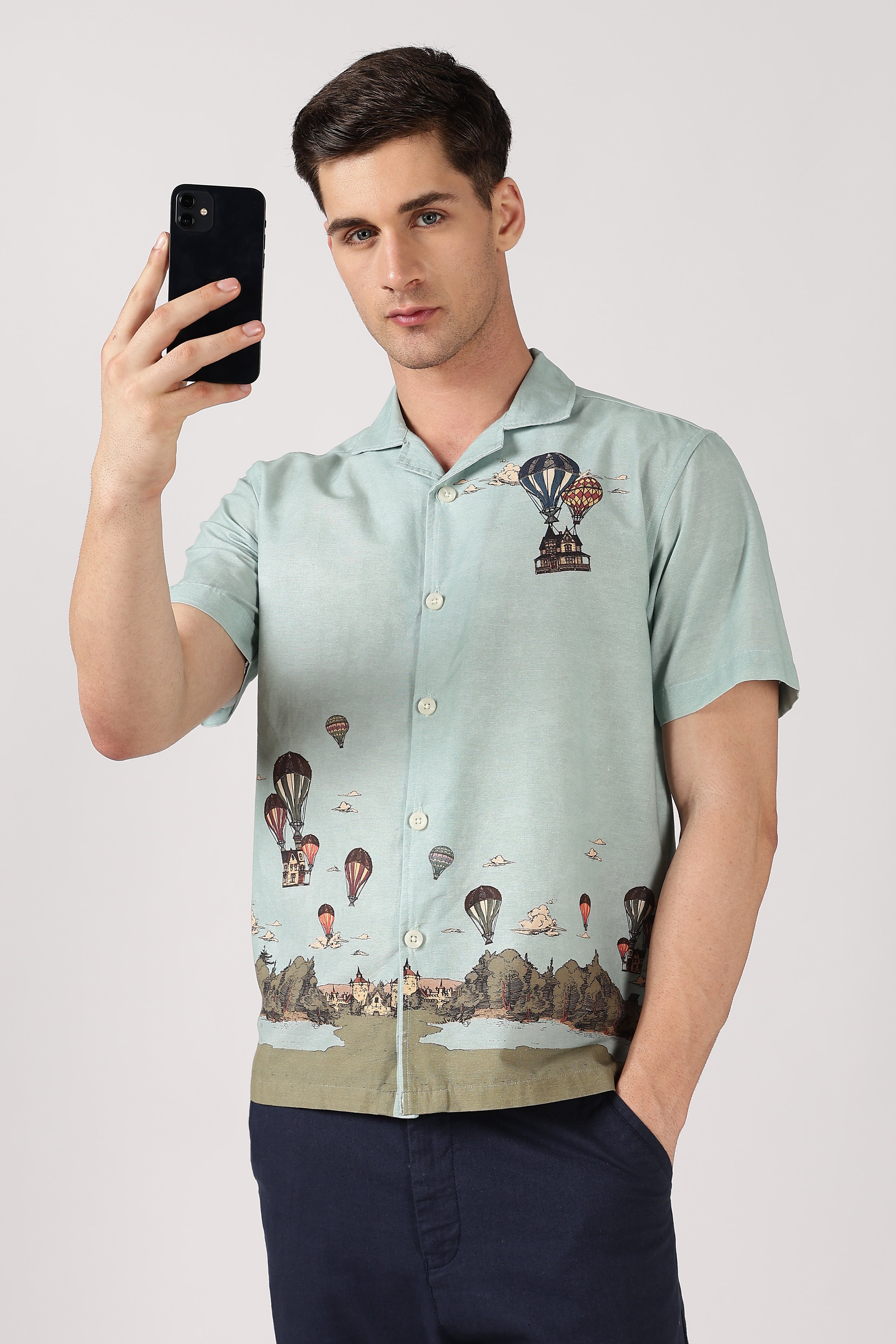 Whimsical Air Balloon Cotton Box Fit Sky Printed Shirt
