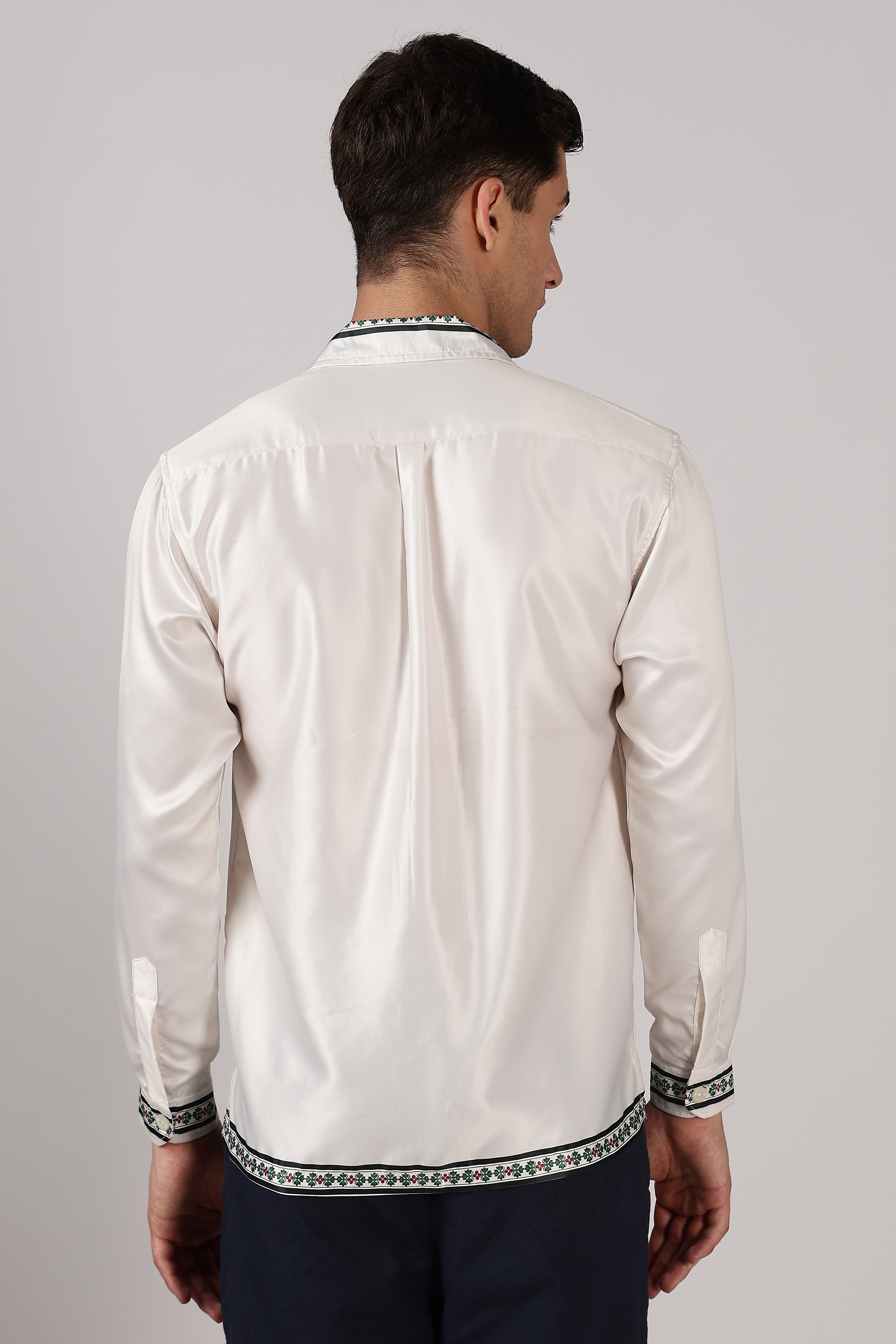 Citrus Grove Satin Box Fit Off White Printed Shirt