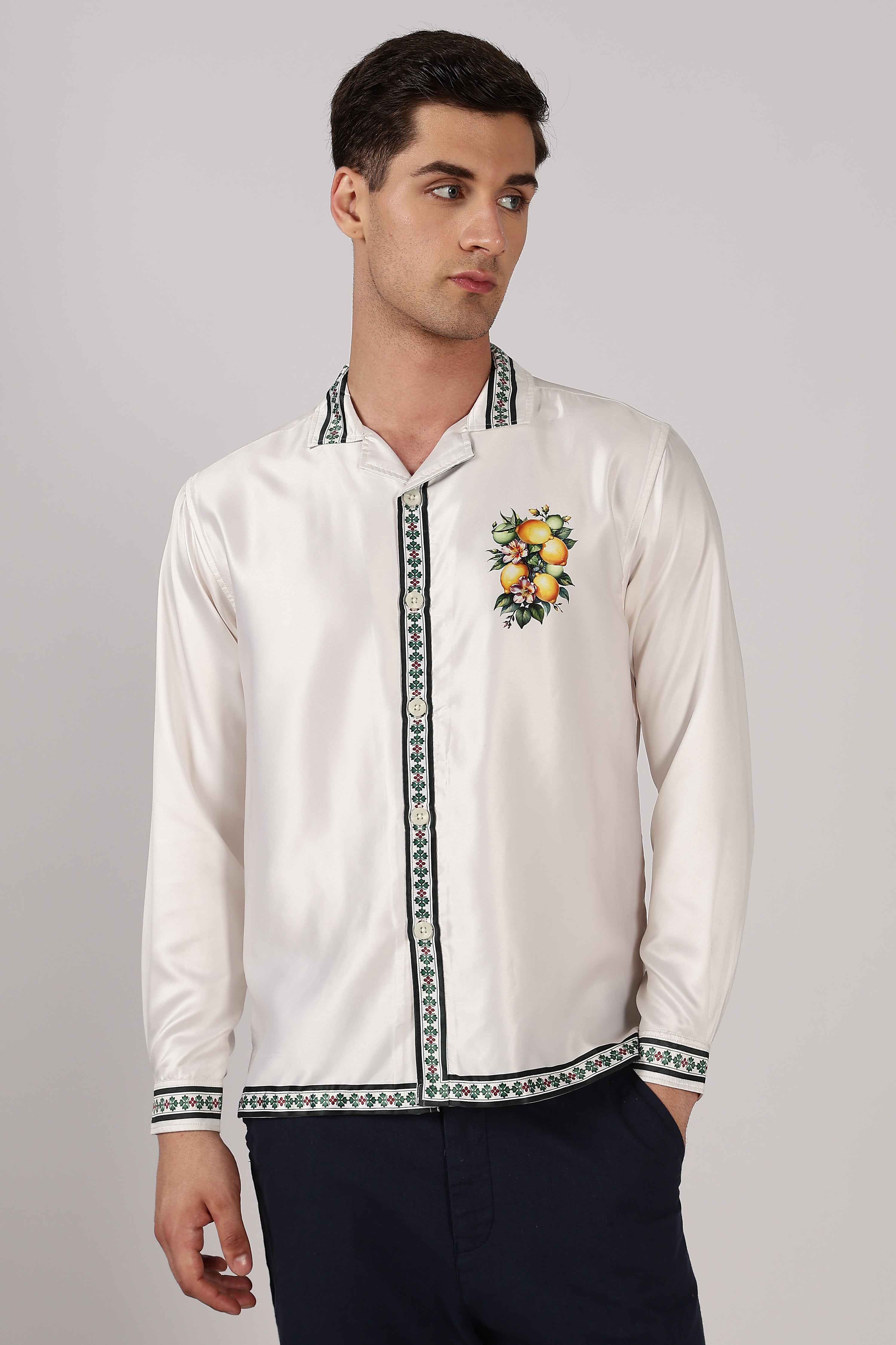 Citrus Grove Satin Box Fit Off White Printed Shirt