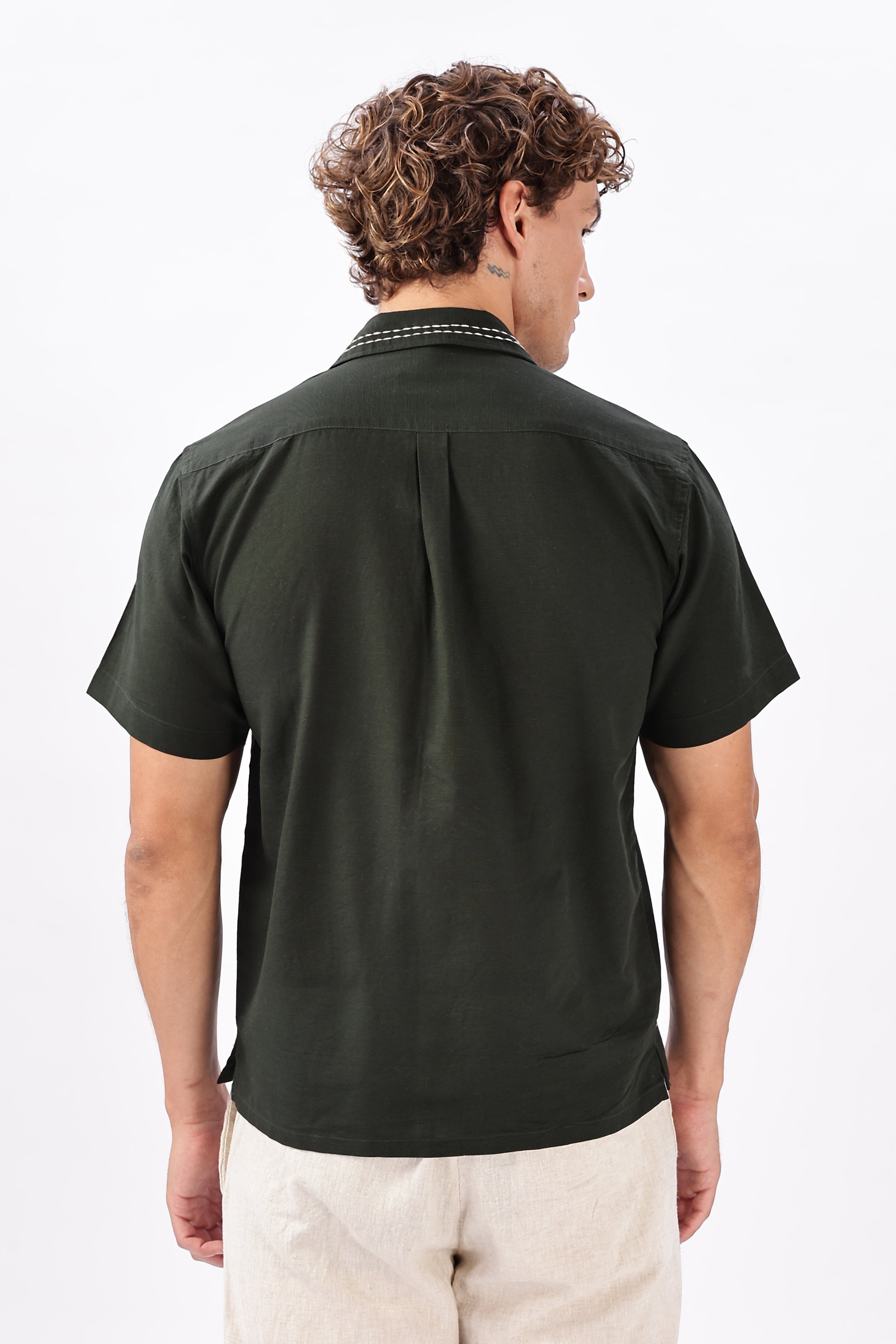 Still Life in Stitch Olive Embroidery Camp Shirt