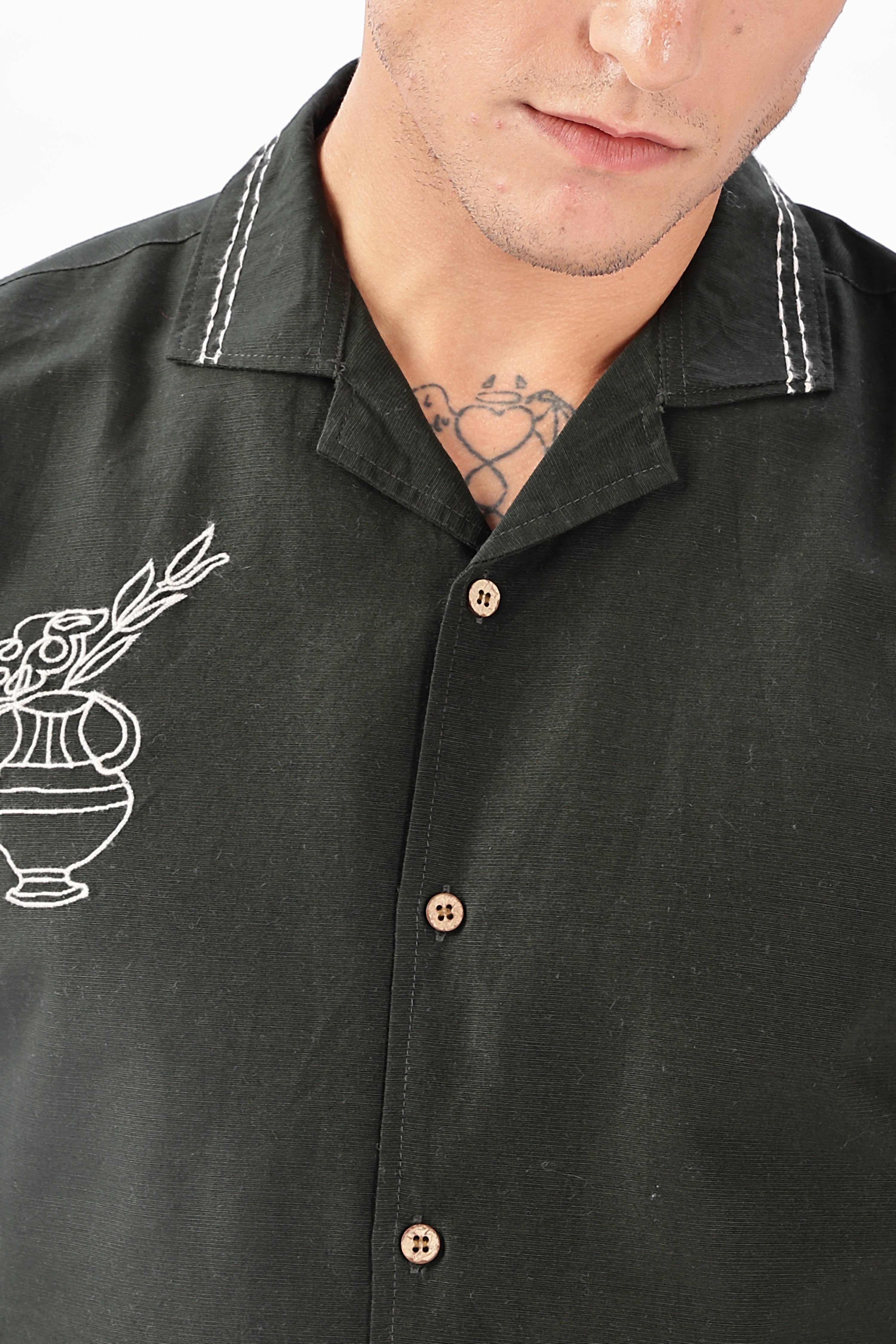 Still Life in Stitch Olive Embroidery Camp Shirt