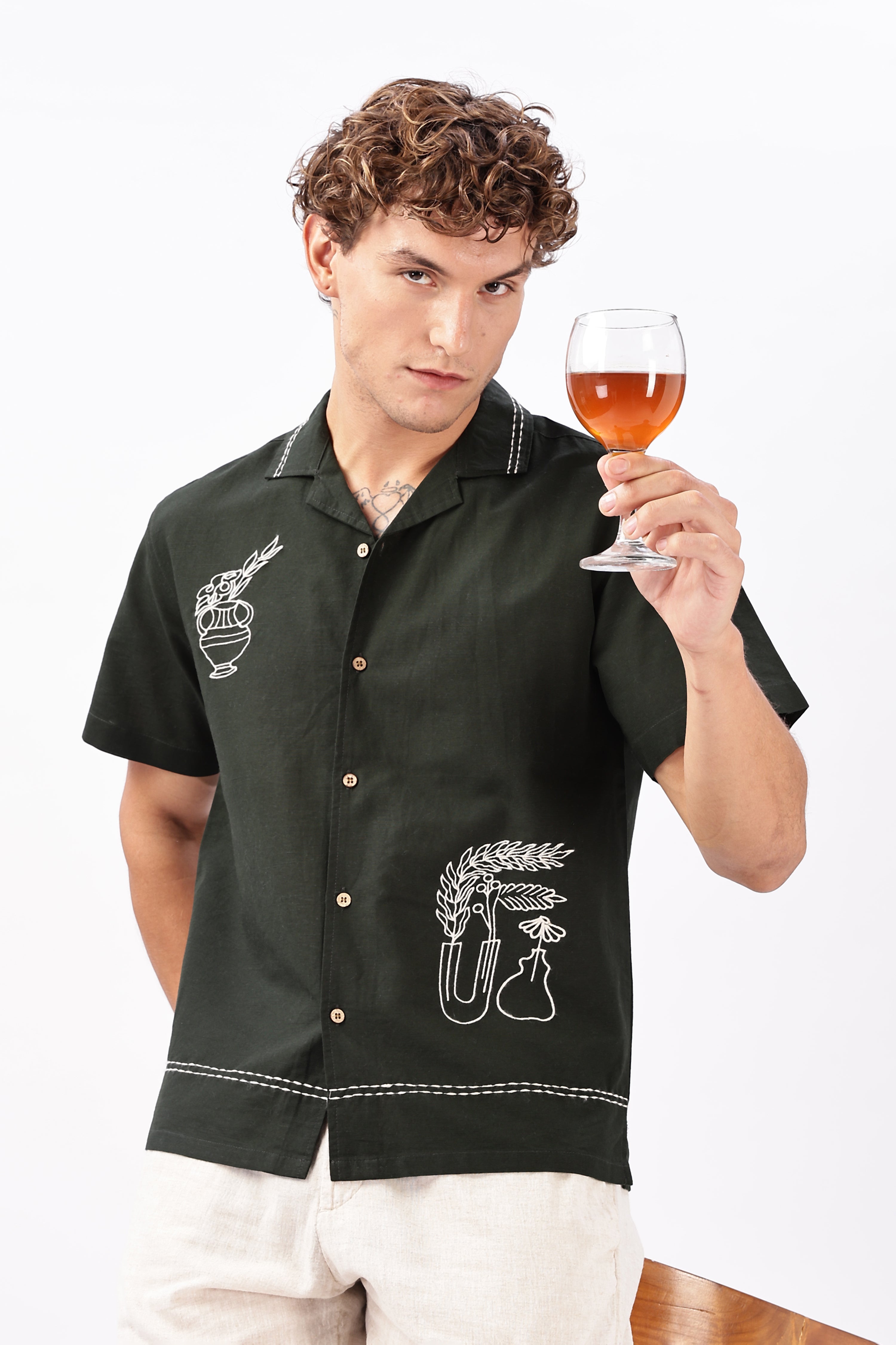 Still Life in Stitch Olive Embroidery Camp Shirt