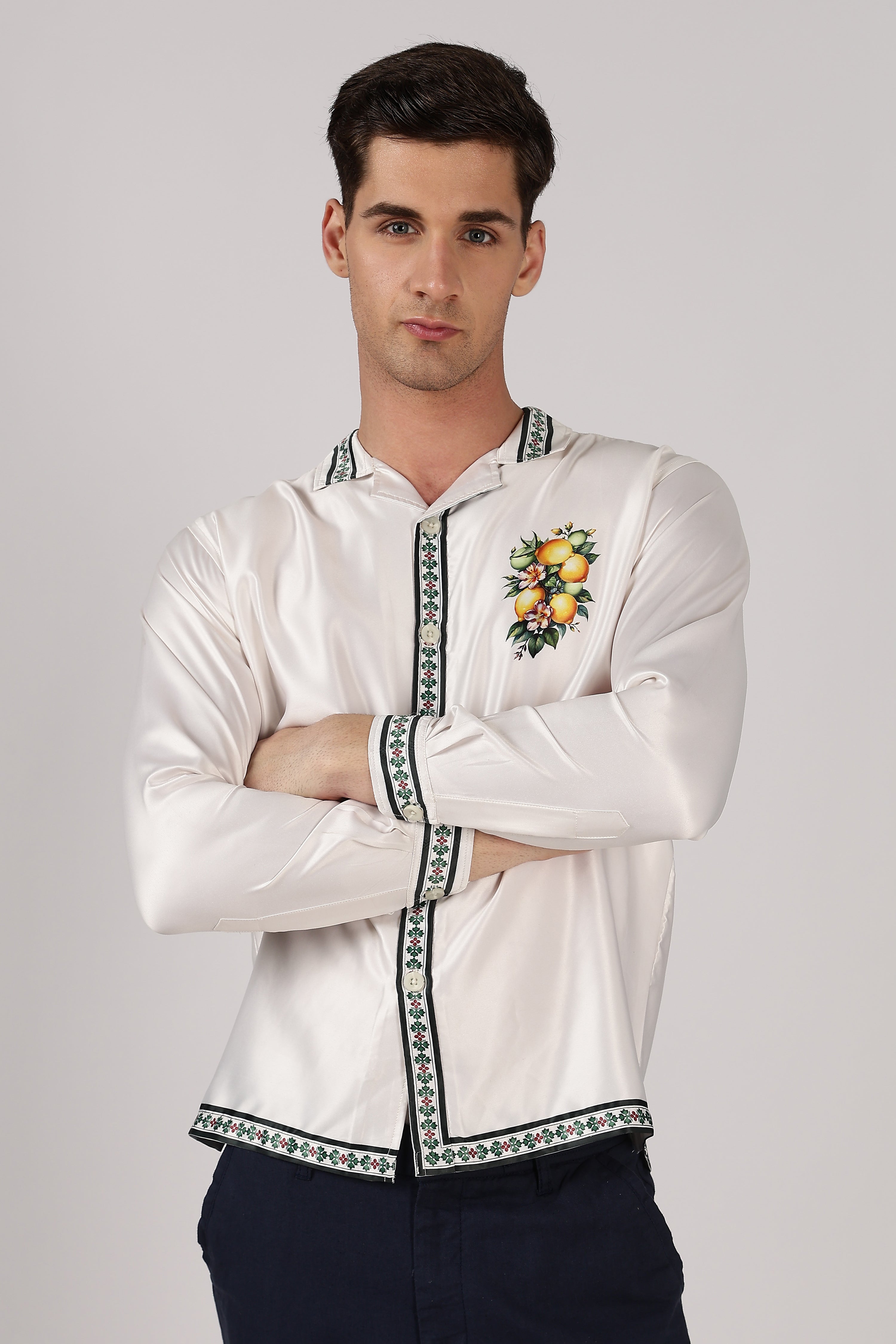 Citrus Grove Satin Box Fit Off White Printed Shirt