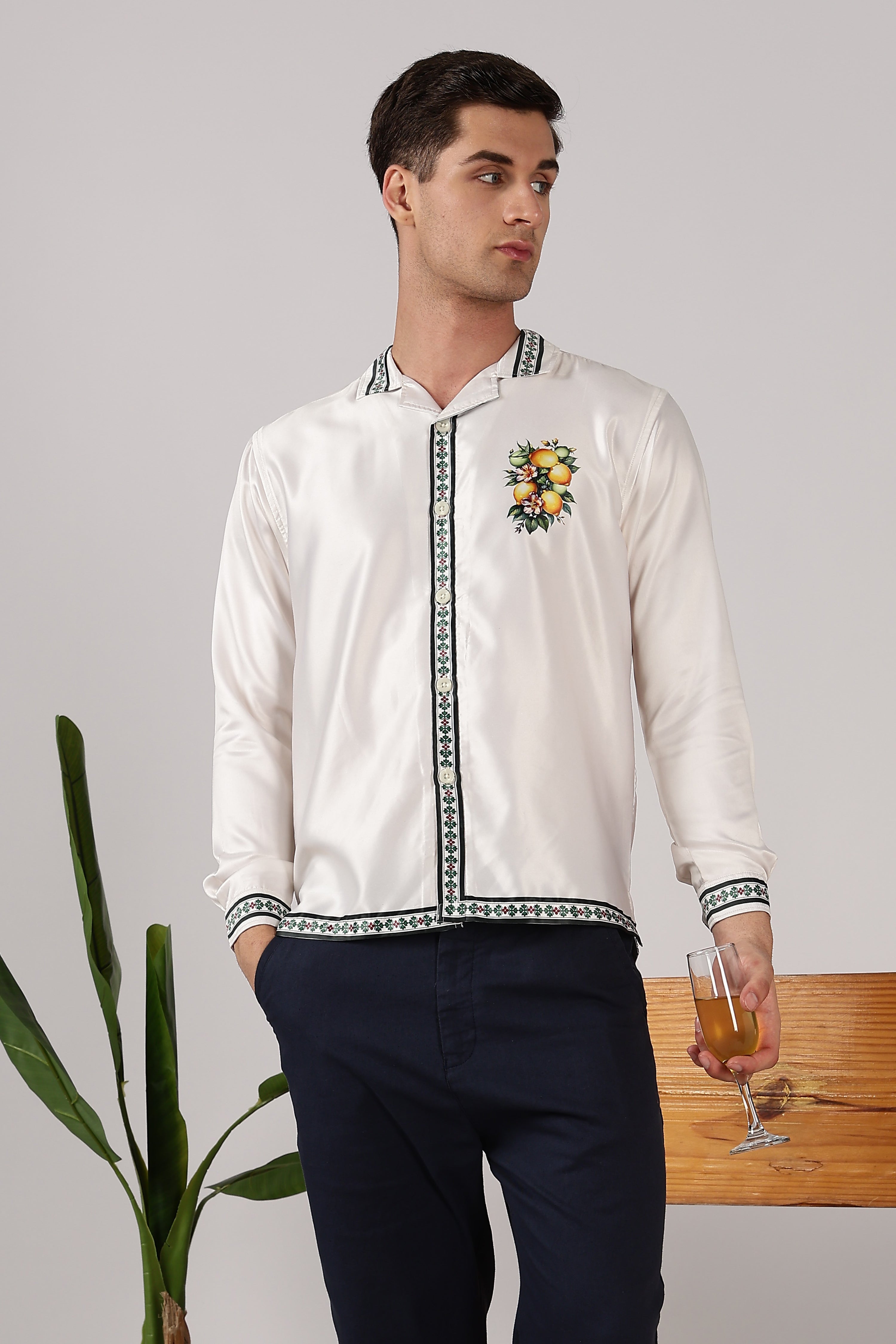Citrus Grove Satin Box Fit Off White Printed Shirt