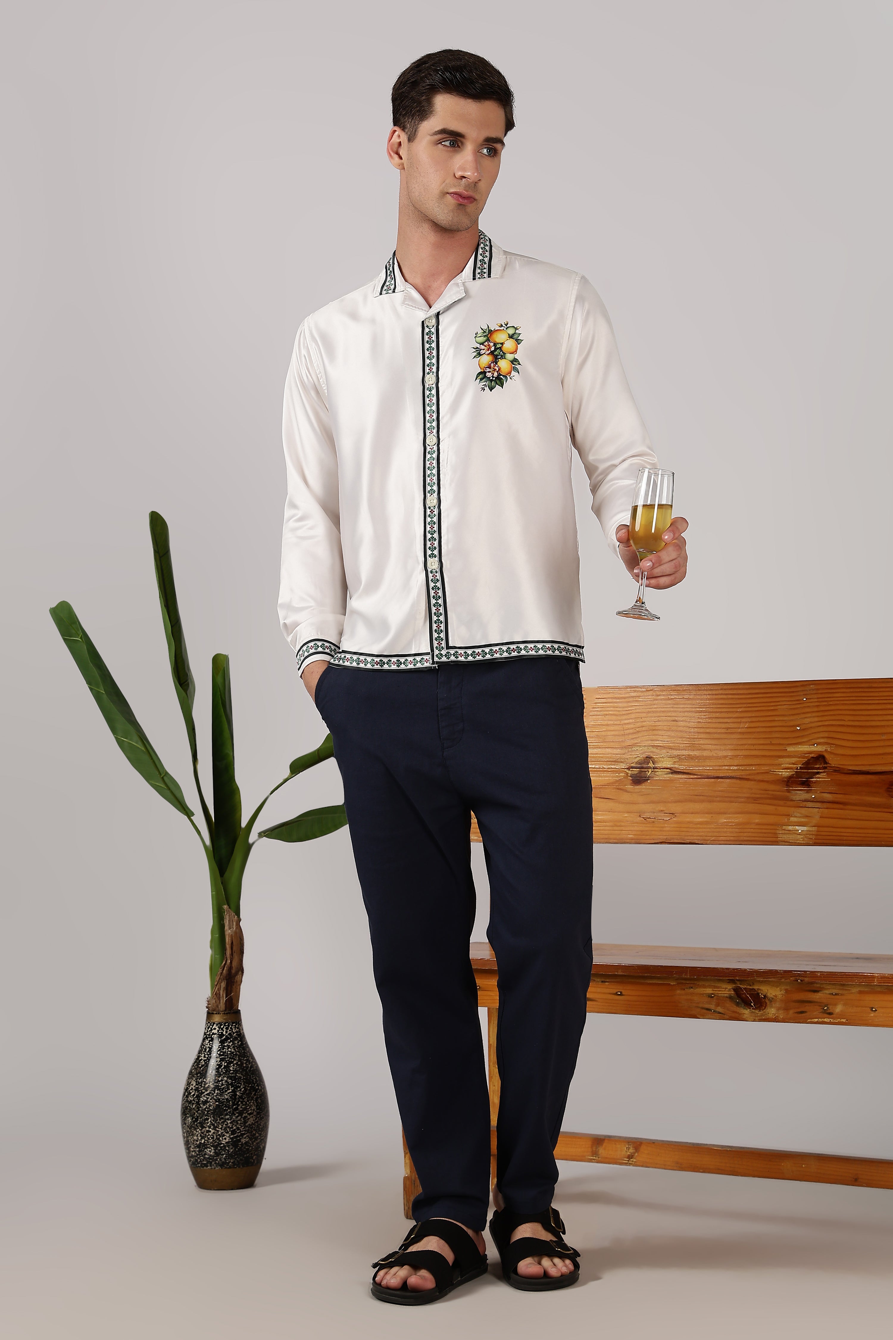 Citrus Grove Satin Box Fit Off White Printed Shirt