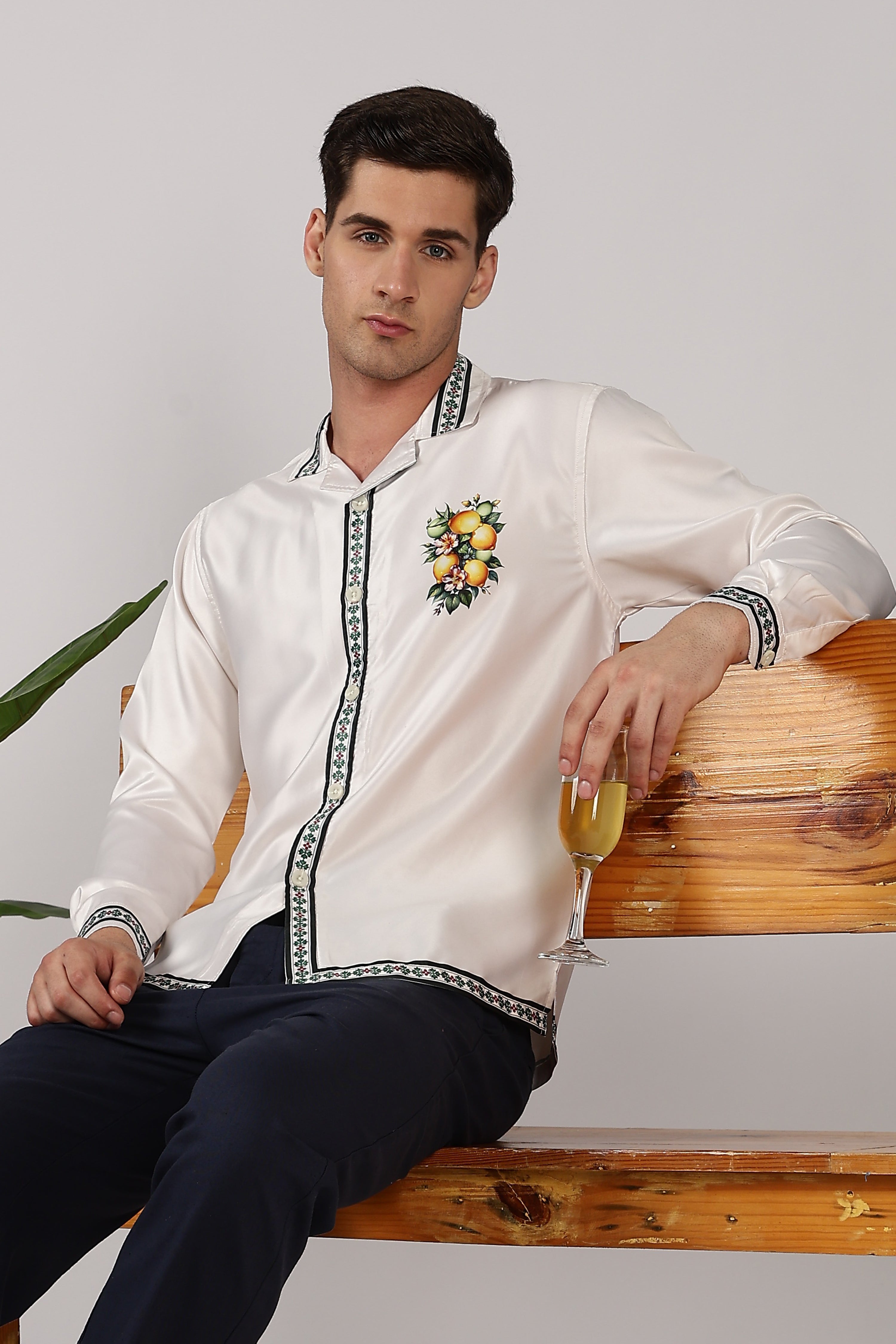 Citrus Grove Satin Box Fit Off White Printed Shirt