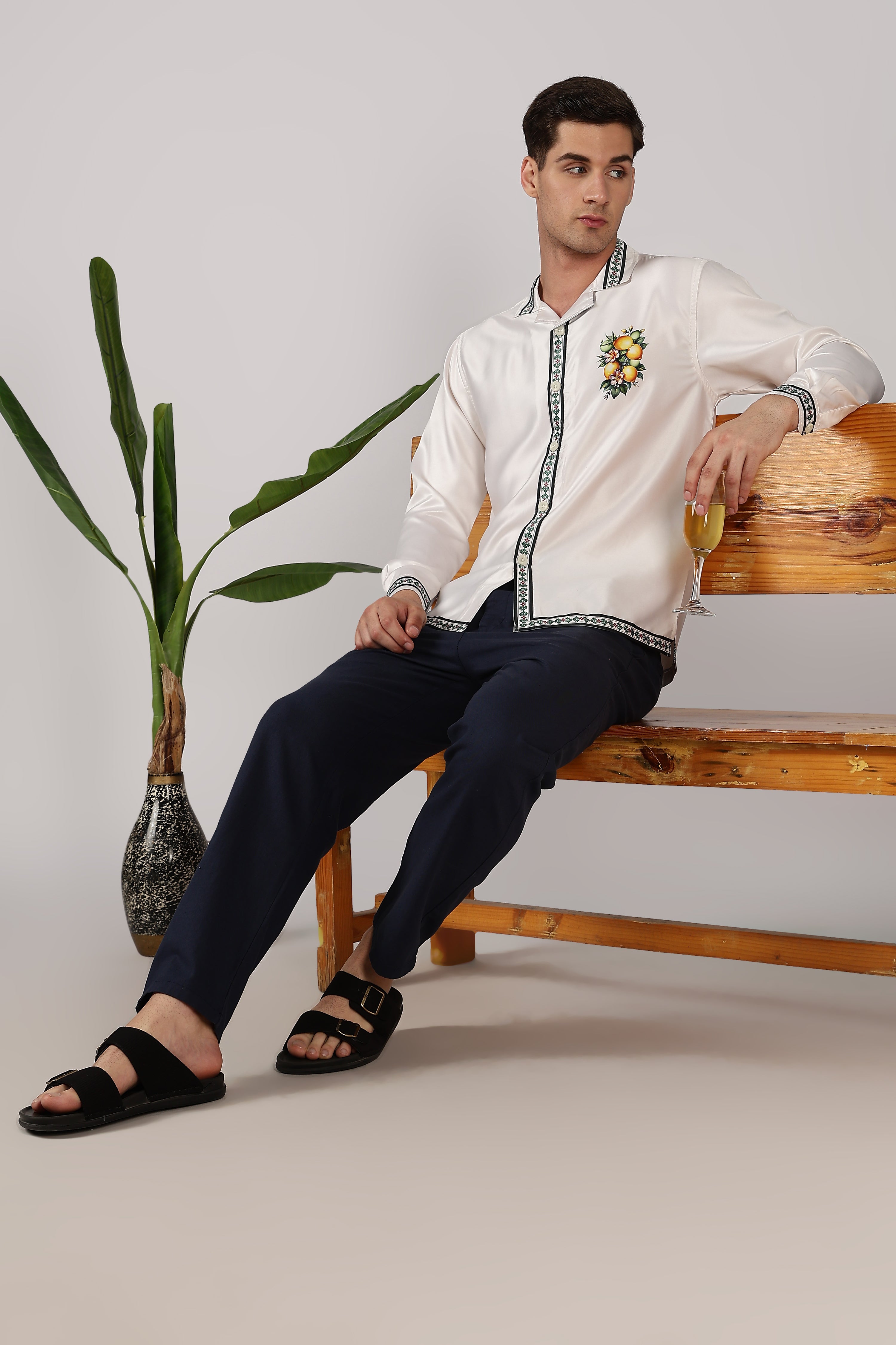 Citrus Grove Satin Box Fit Off White Printed Shirt