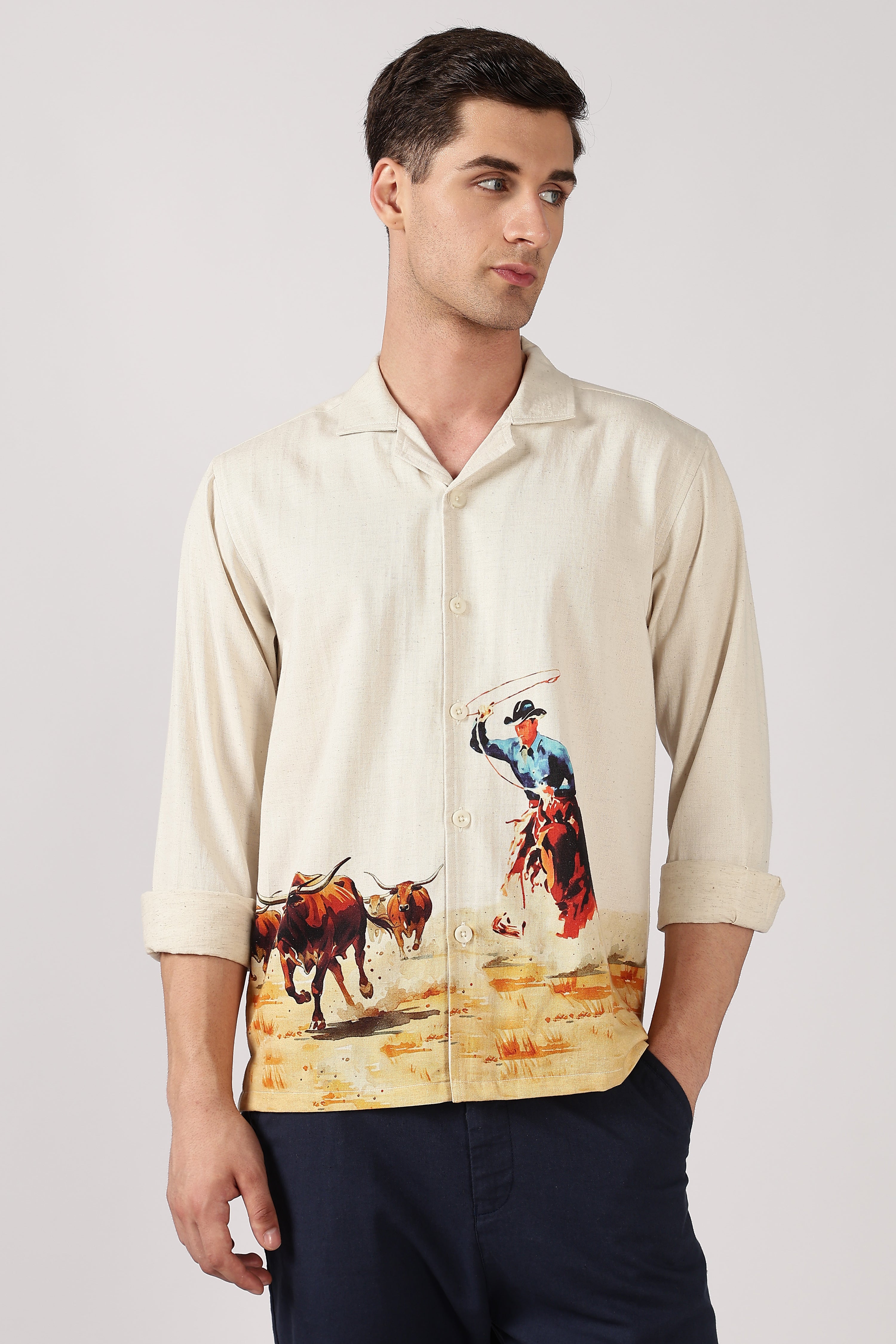 Rodeo Trail Cotton Box Fit Beige Print Shirt