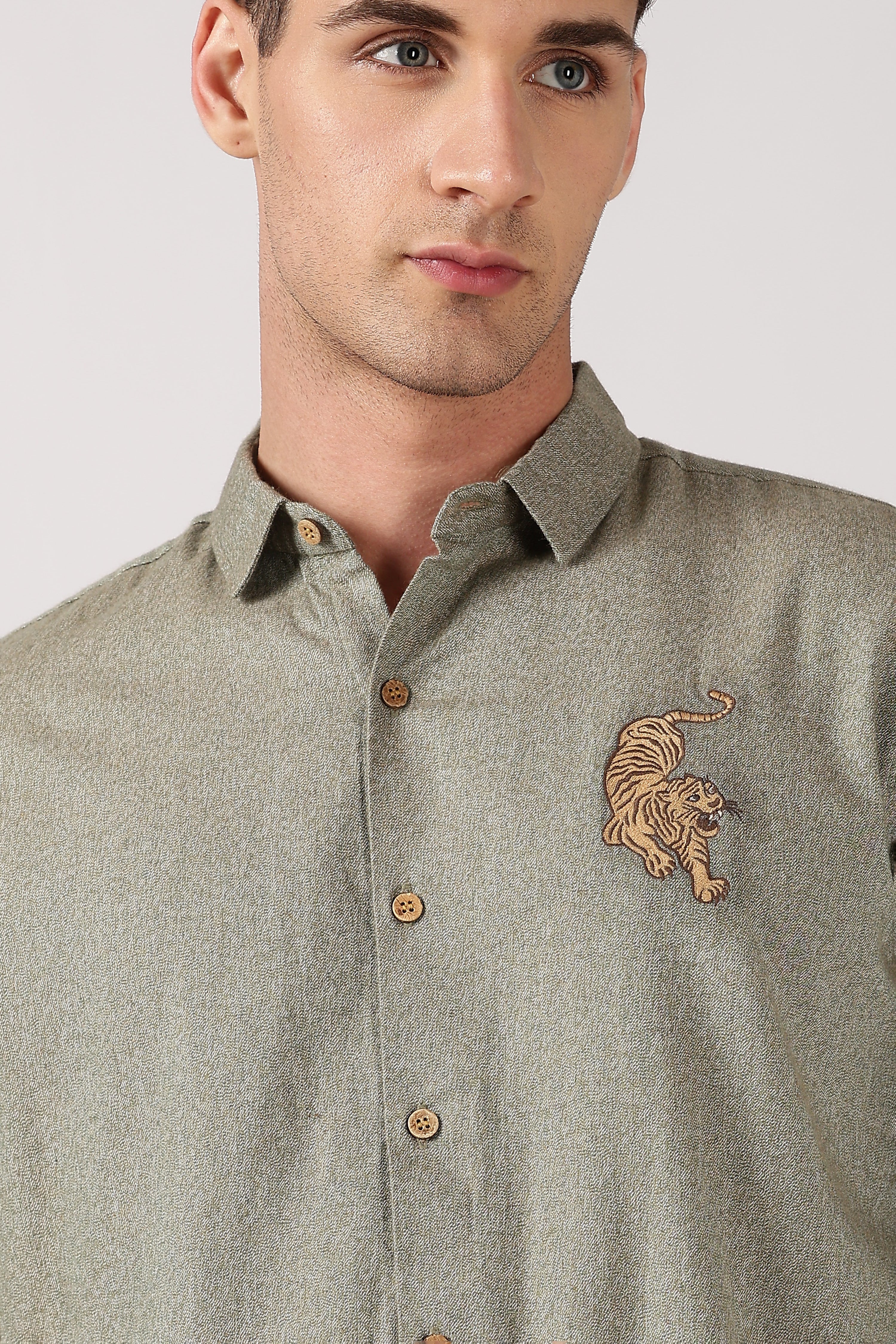 Jungle Roar Cotton Regular Fit Sage Green Embroidered Shirt