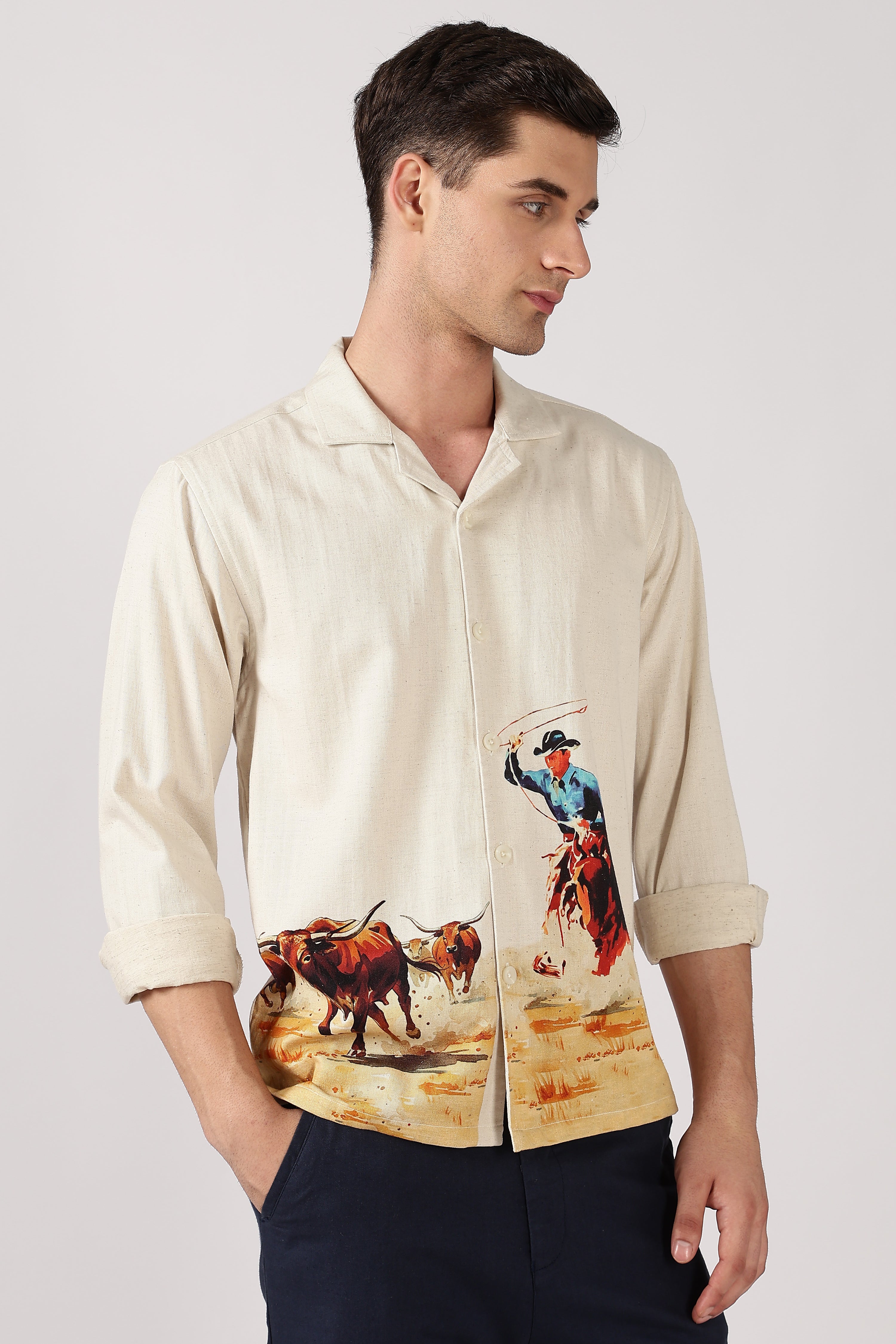 Rodeo Trail Cotton Box Fit Beige Print Shirt