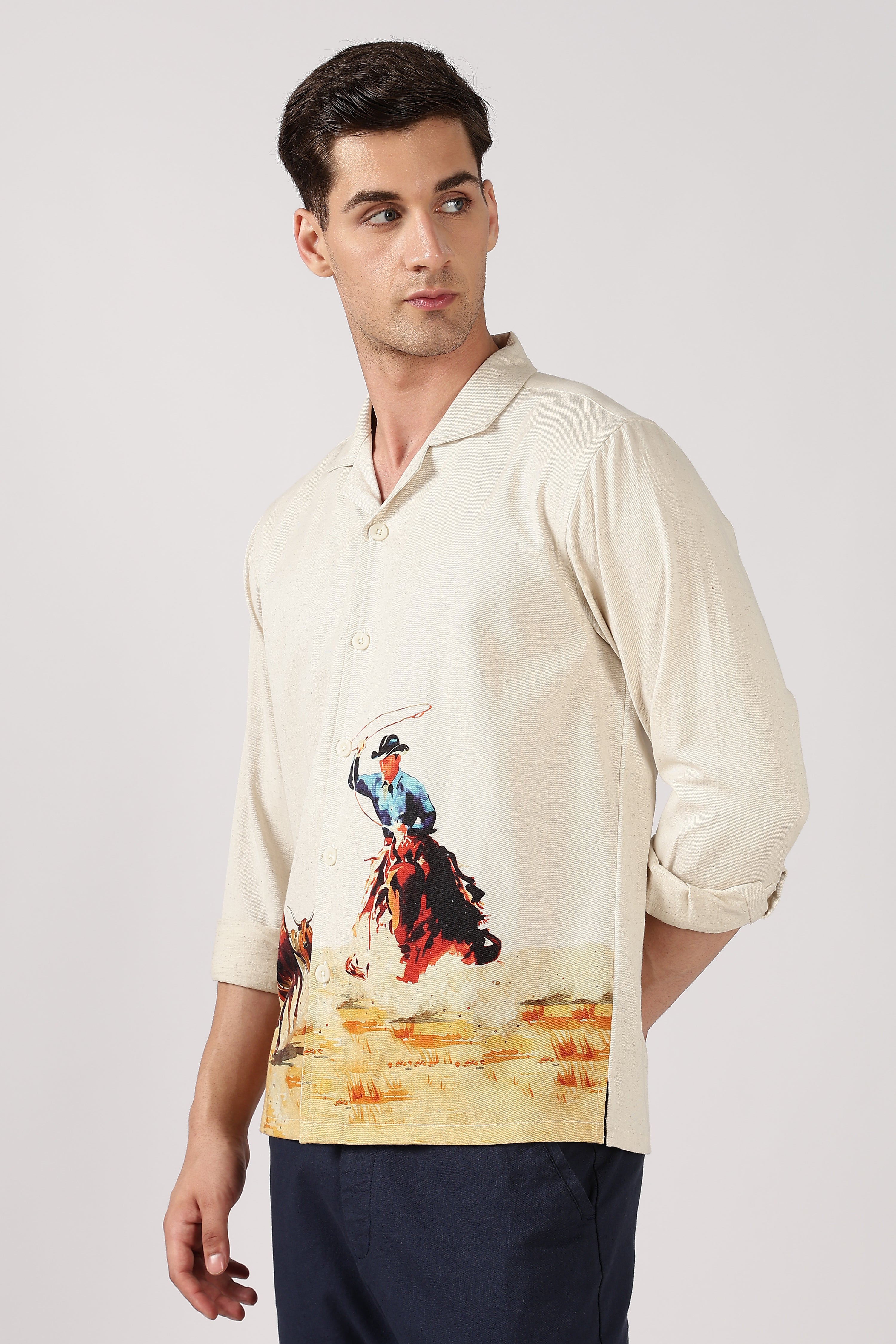 Rodeo Trail Cotton Box Fit Beige Print Shirt
