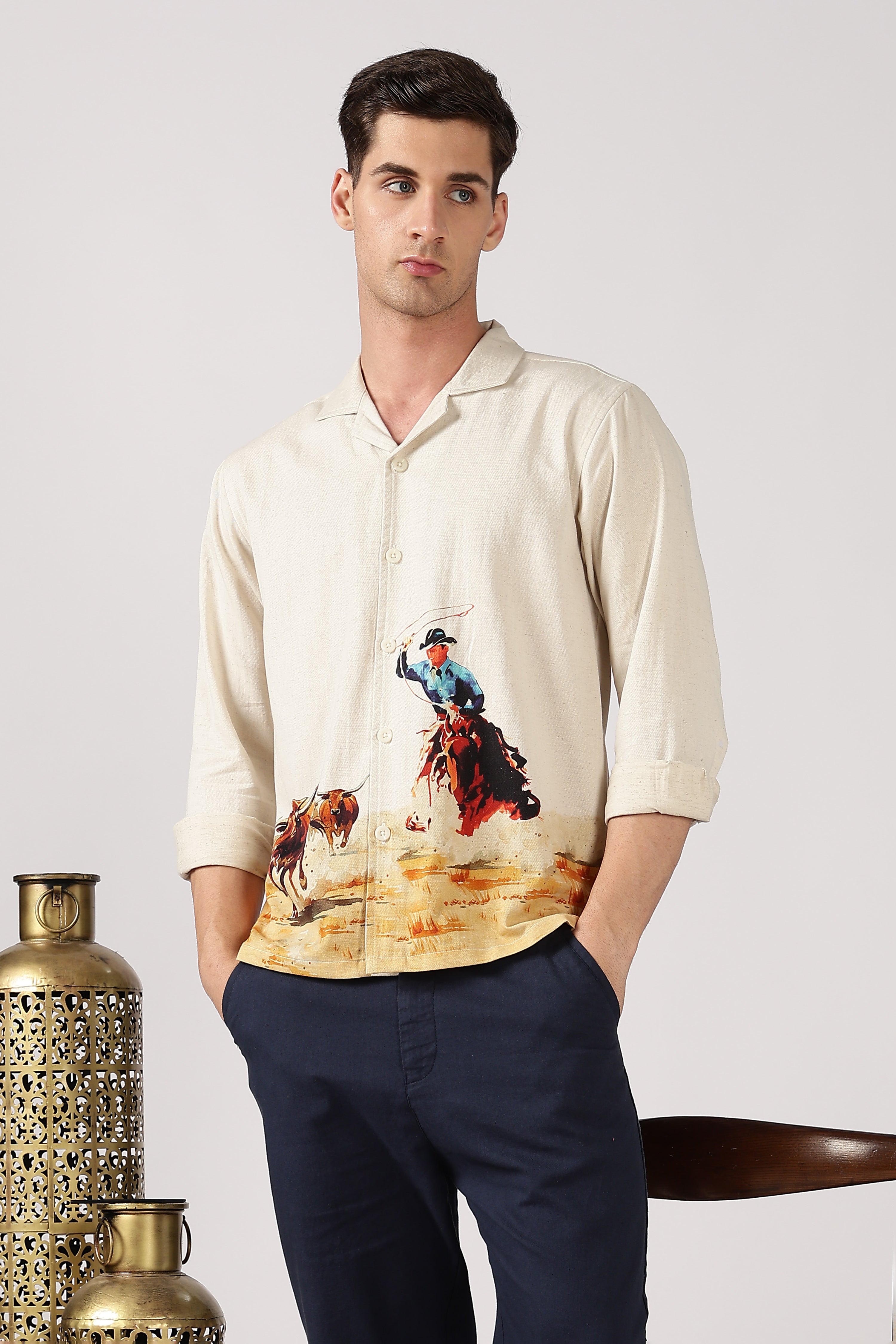 Rodeo Trail Cotton Box Fit Beige Print Shirt