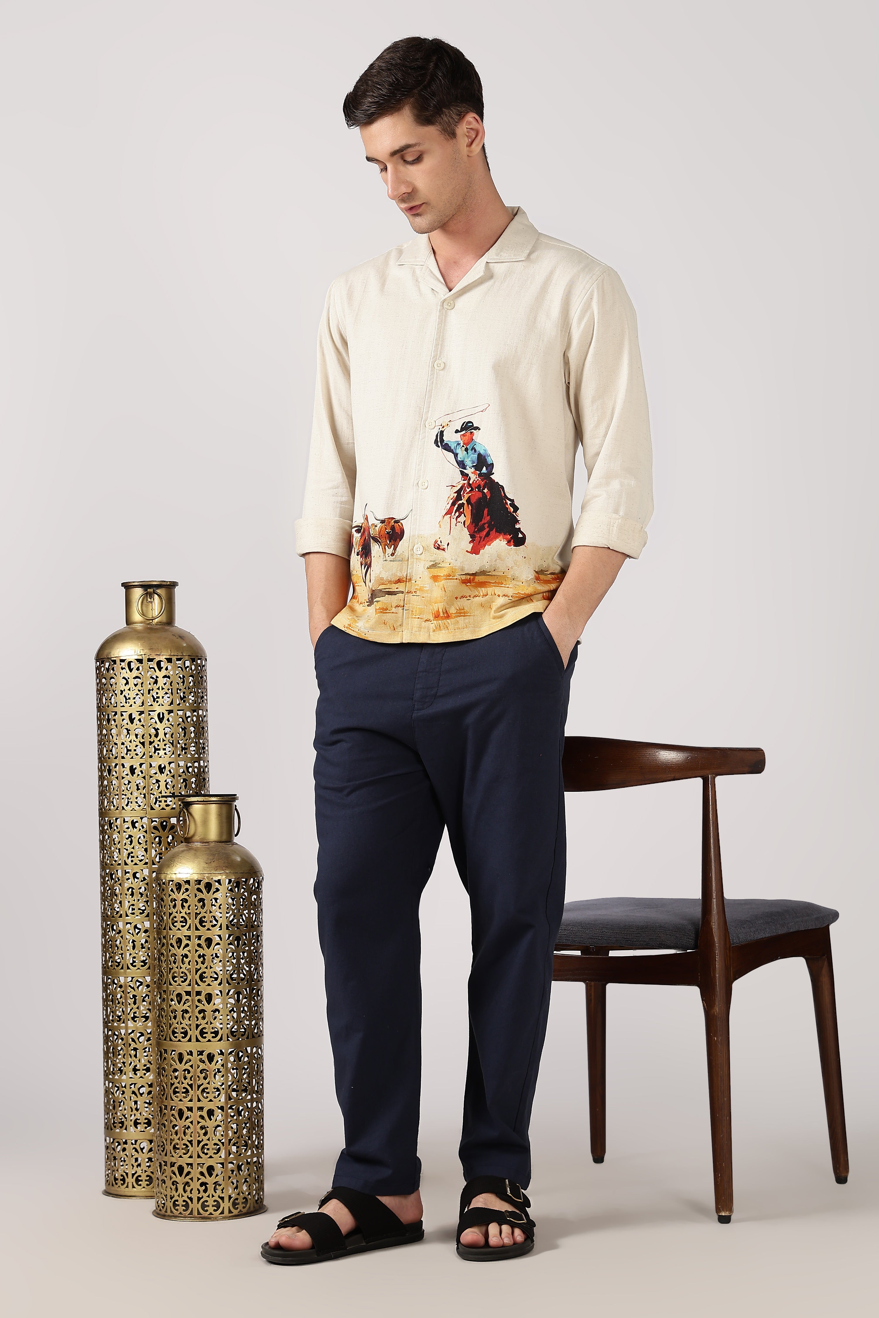 Rodeo Trail Cotton Box Fit Beige Print Shirt