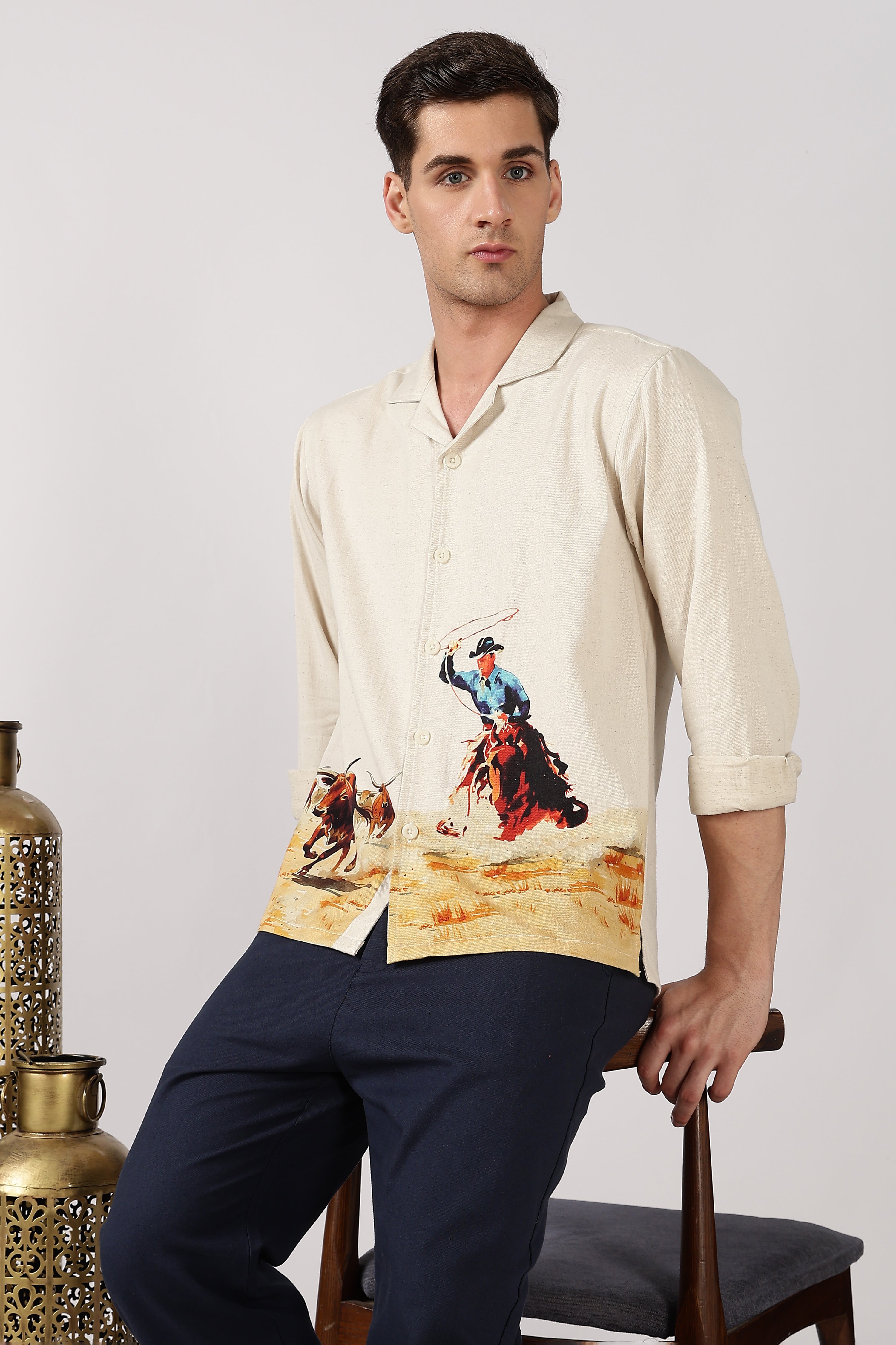 Rodeo Trail Cotton Box Fit Beige Print Shirt