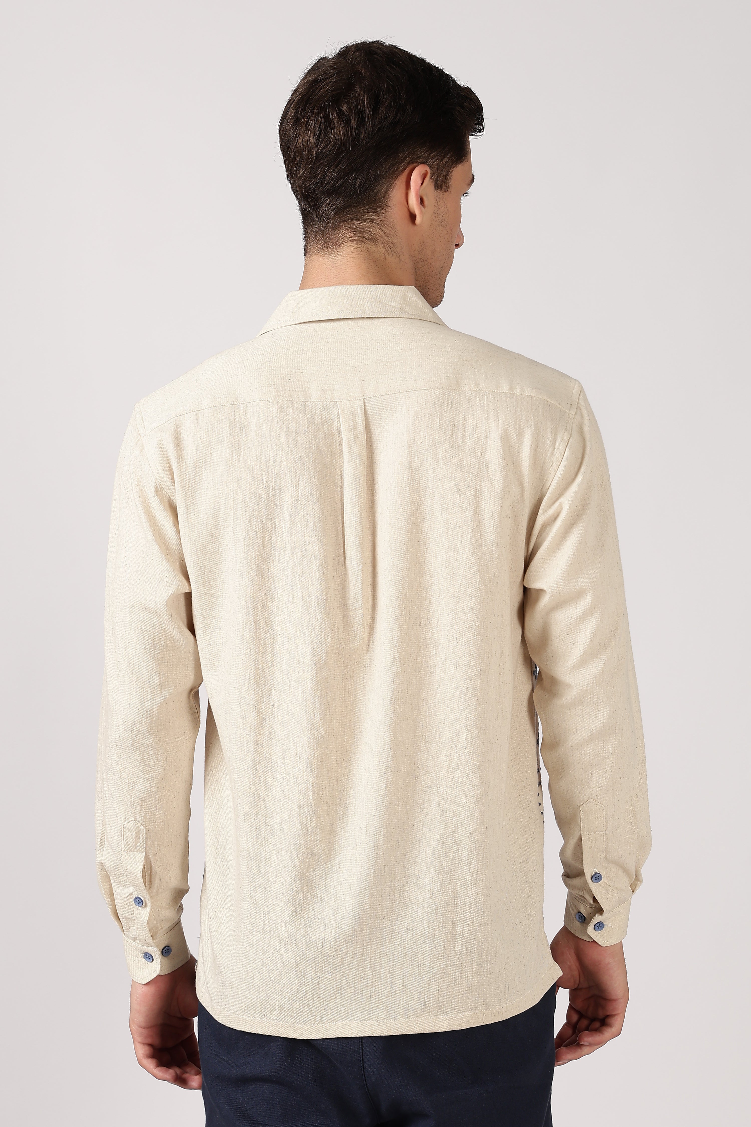 Heritage Blue Grid Cotton Box Fit Beige Embroidered Shirt