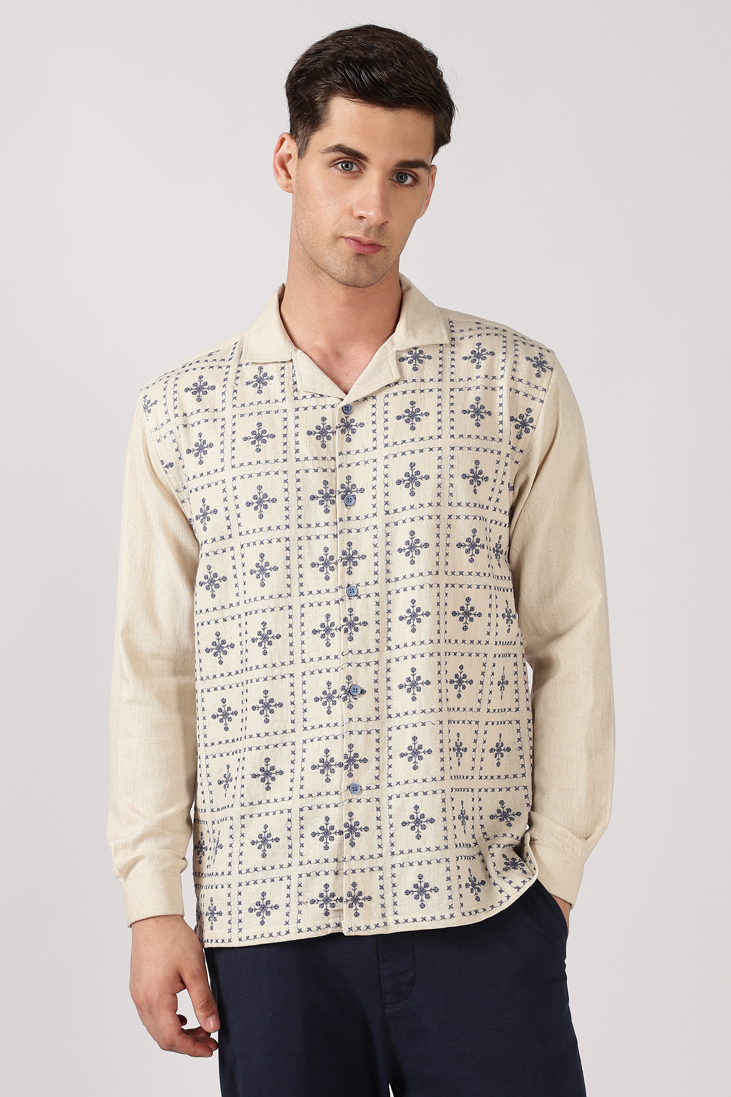 Heritage Blue Grid Cotton Box Fit Beige Embroidered Shirt