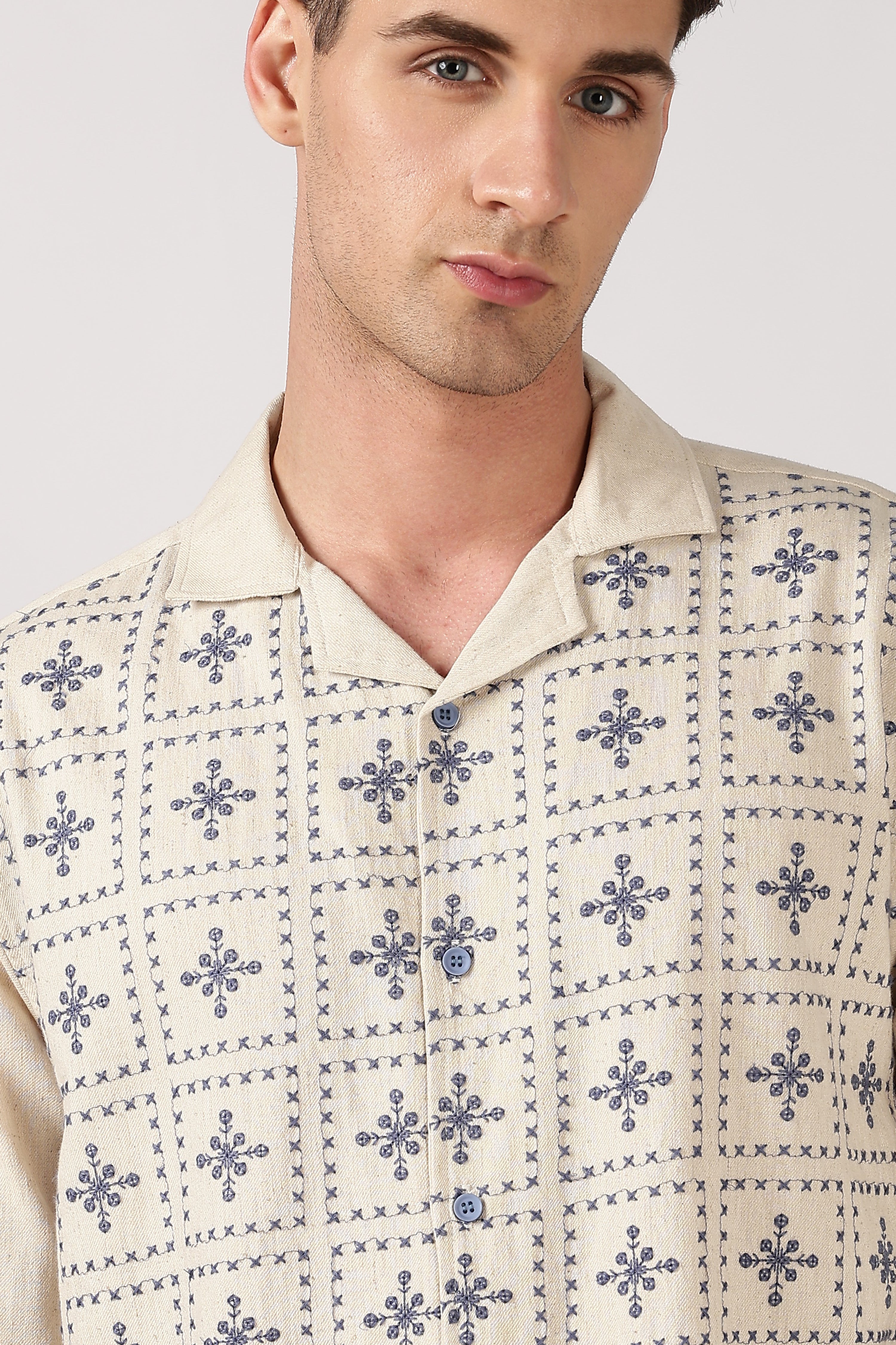 Heritage Blue Grid Cotton Box Fit Beige Embroidered Shirt