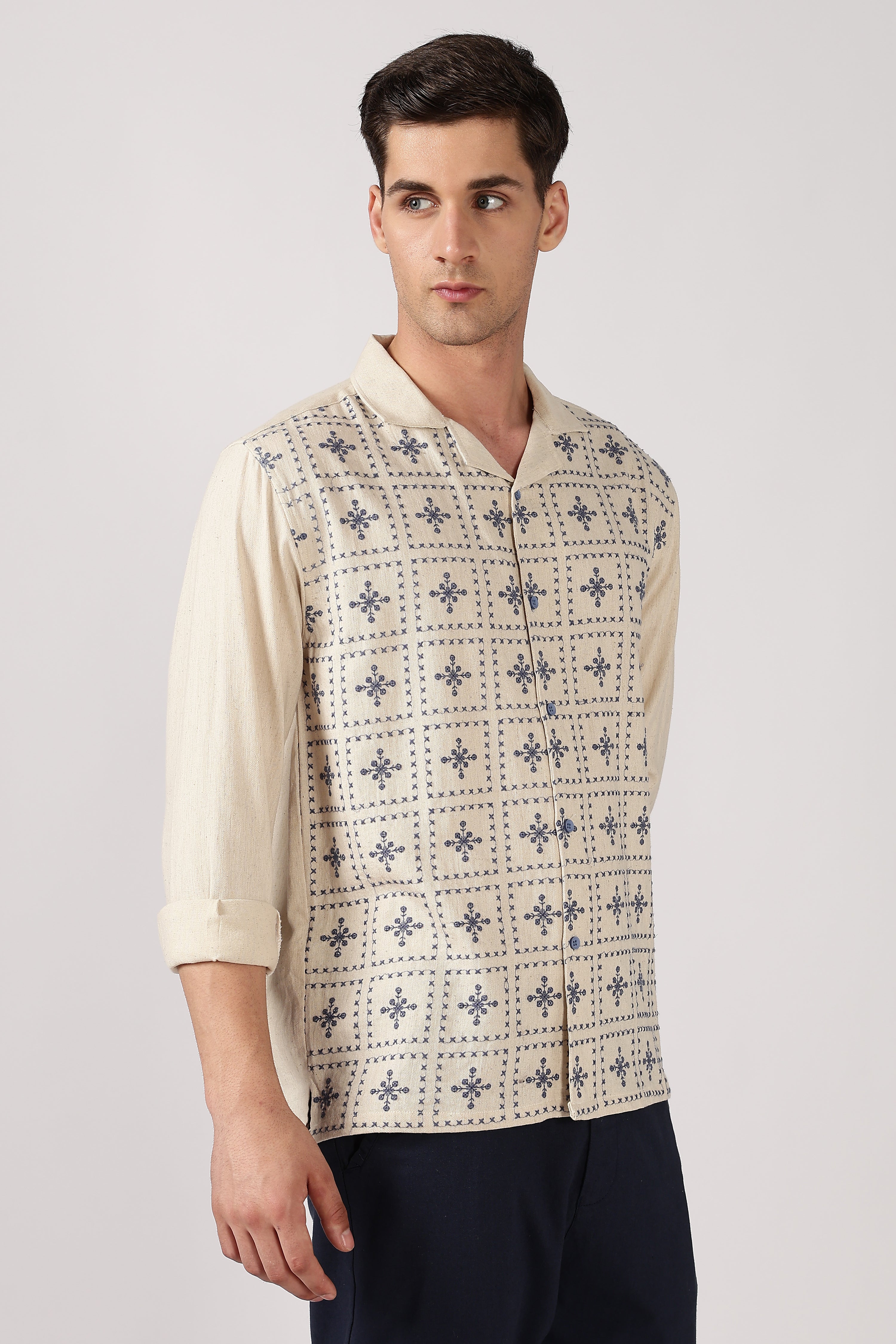 Heritage Blue Grid Cotton Box Fit Beige Embroidered Shirt