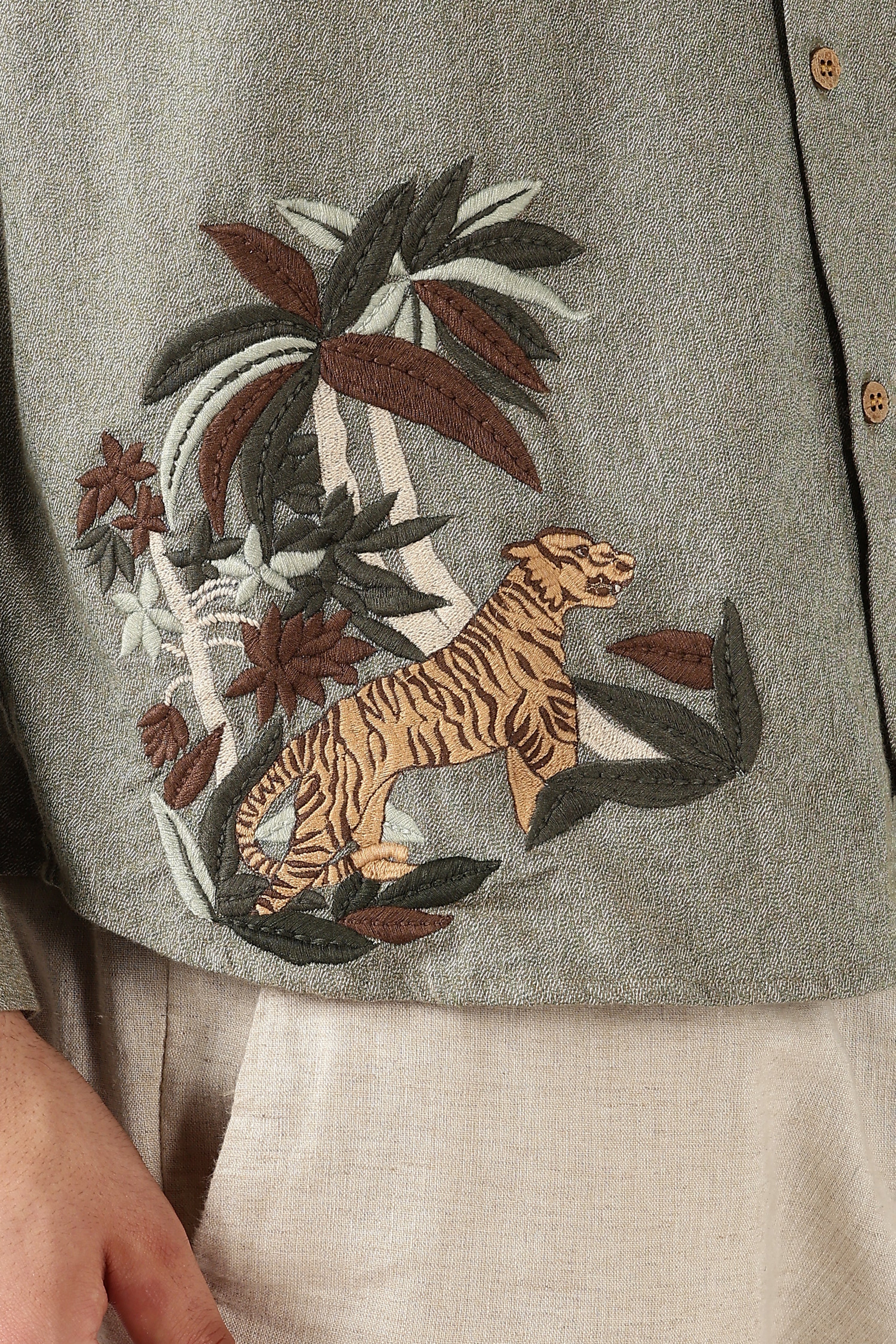 Jungle Roar Cotton Regular Fit Sage Green Embroidered Shirt