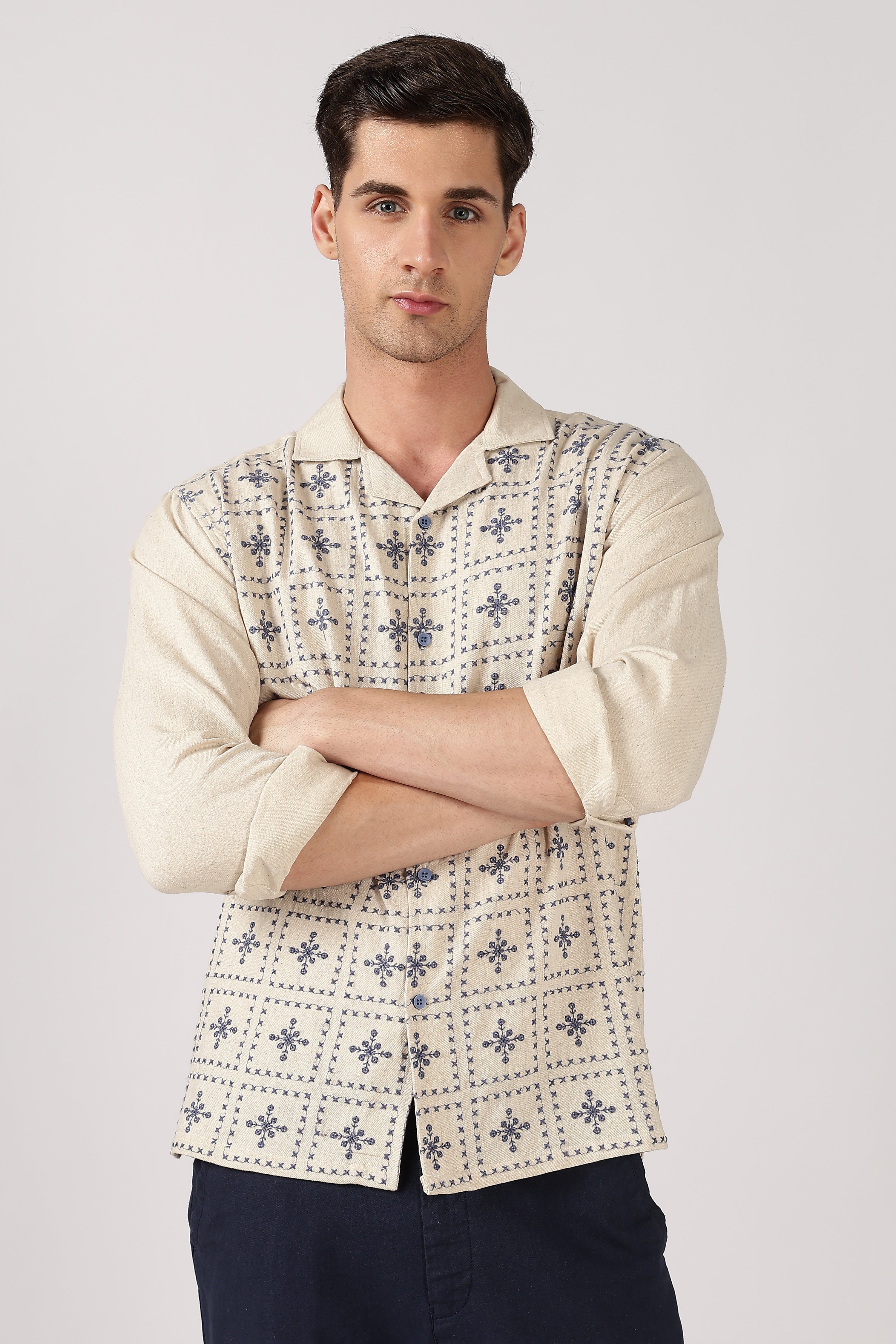 Heritage Blue Grid Cotton Box Fit Beige Embroidered Shirt