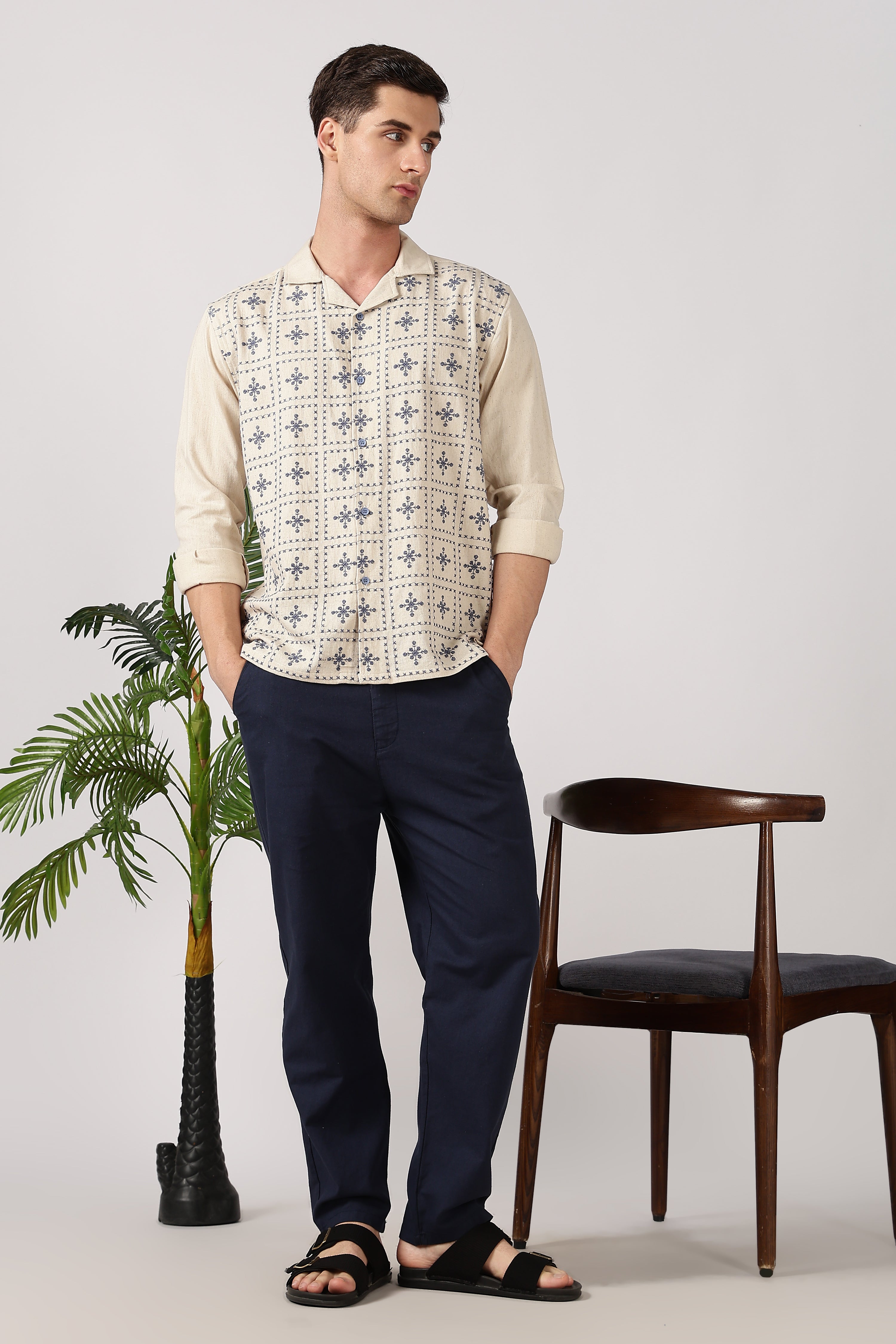 Heritage Blue Grid Cotton Box Fit Beige Embroidered Shirt