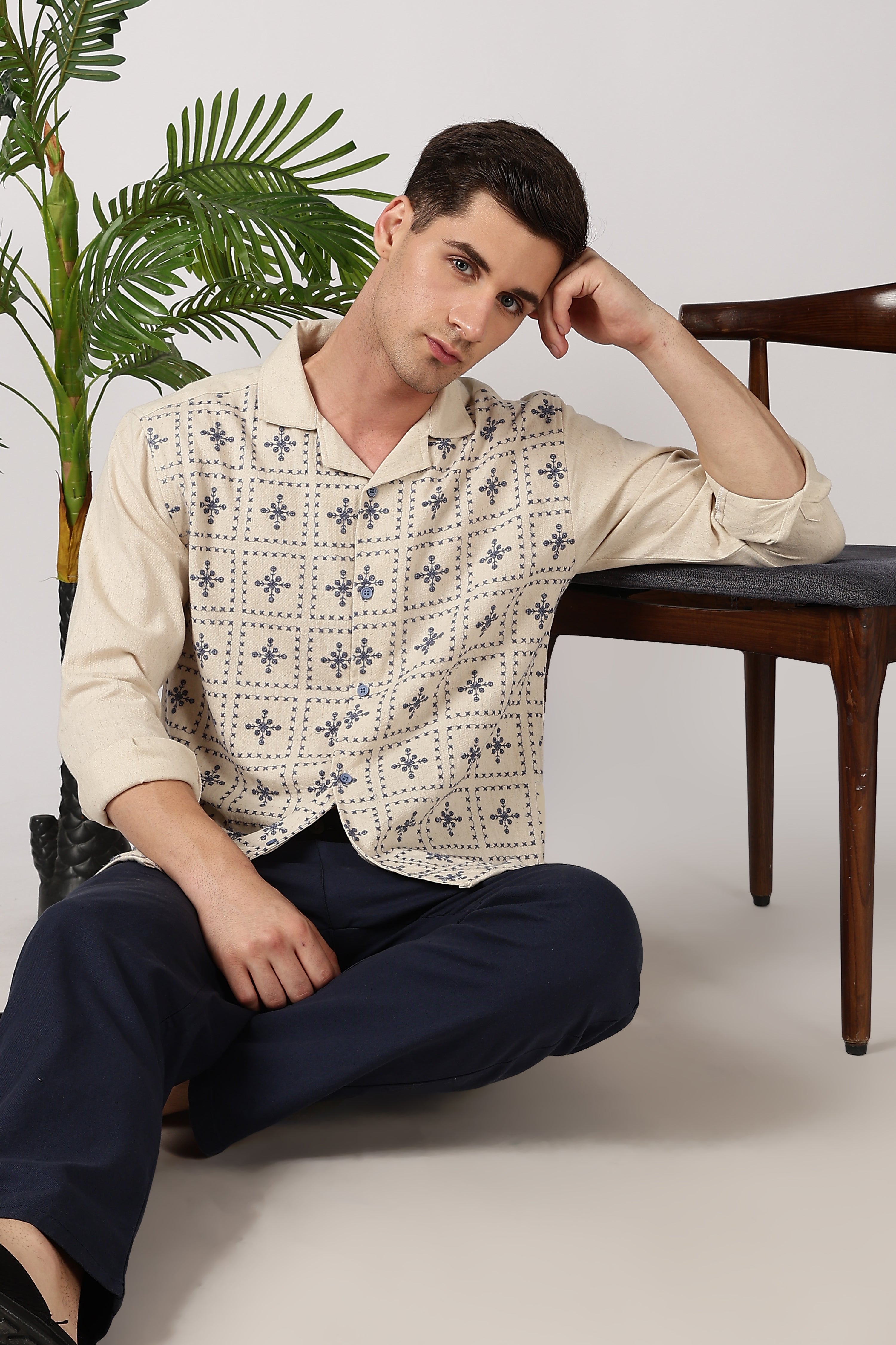 Heritage Blue Grid Cotton Box Fit Beige Embroidered Shirt