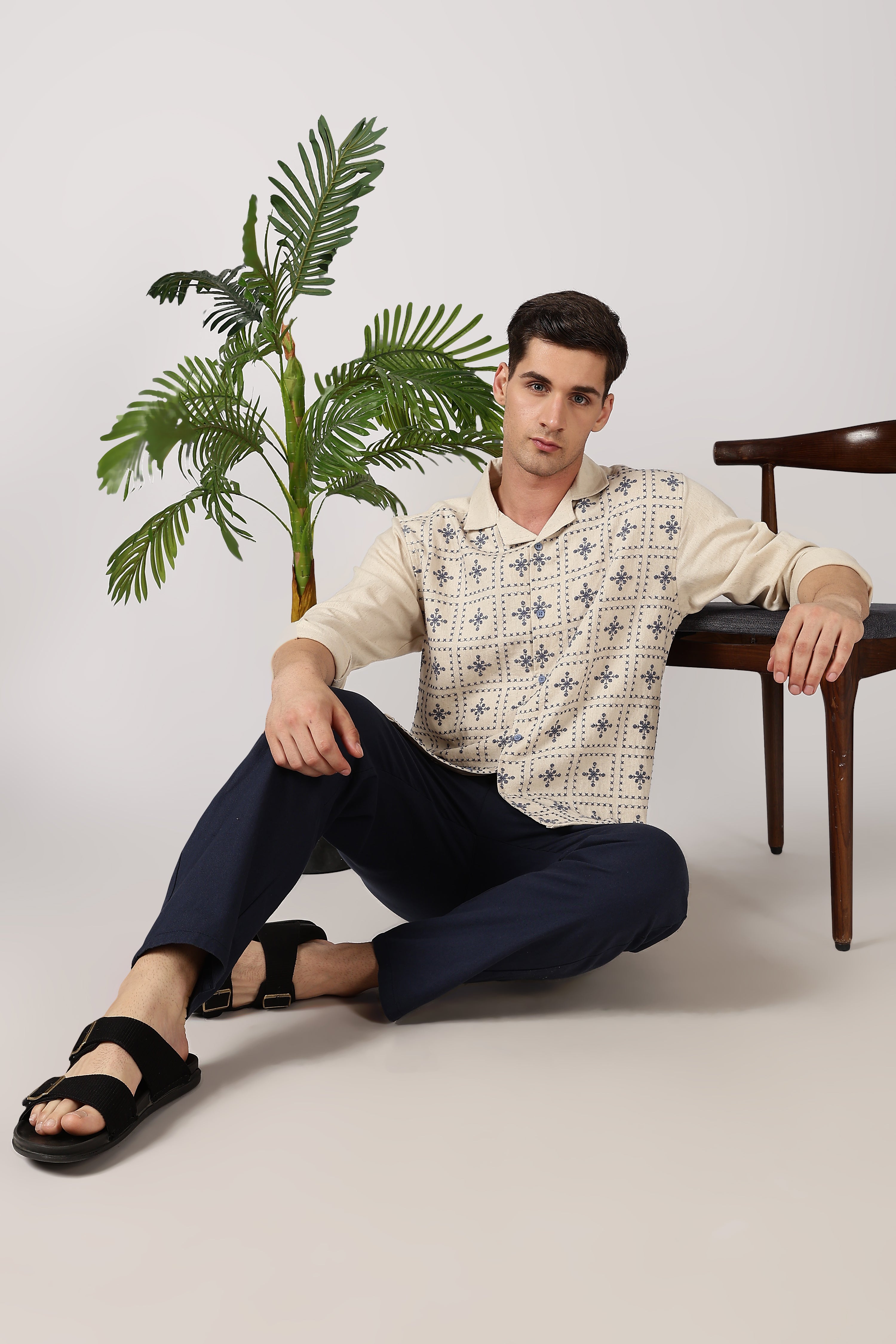 Heritage Blue Grid Cotton Box Fit Beige Embroidered Shirt