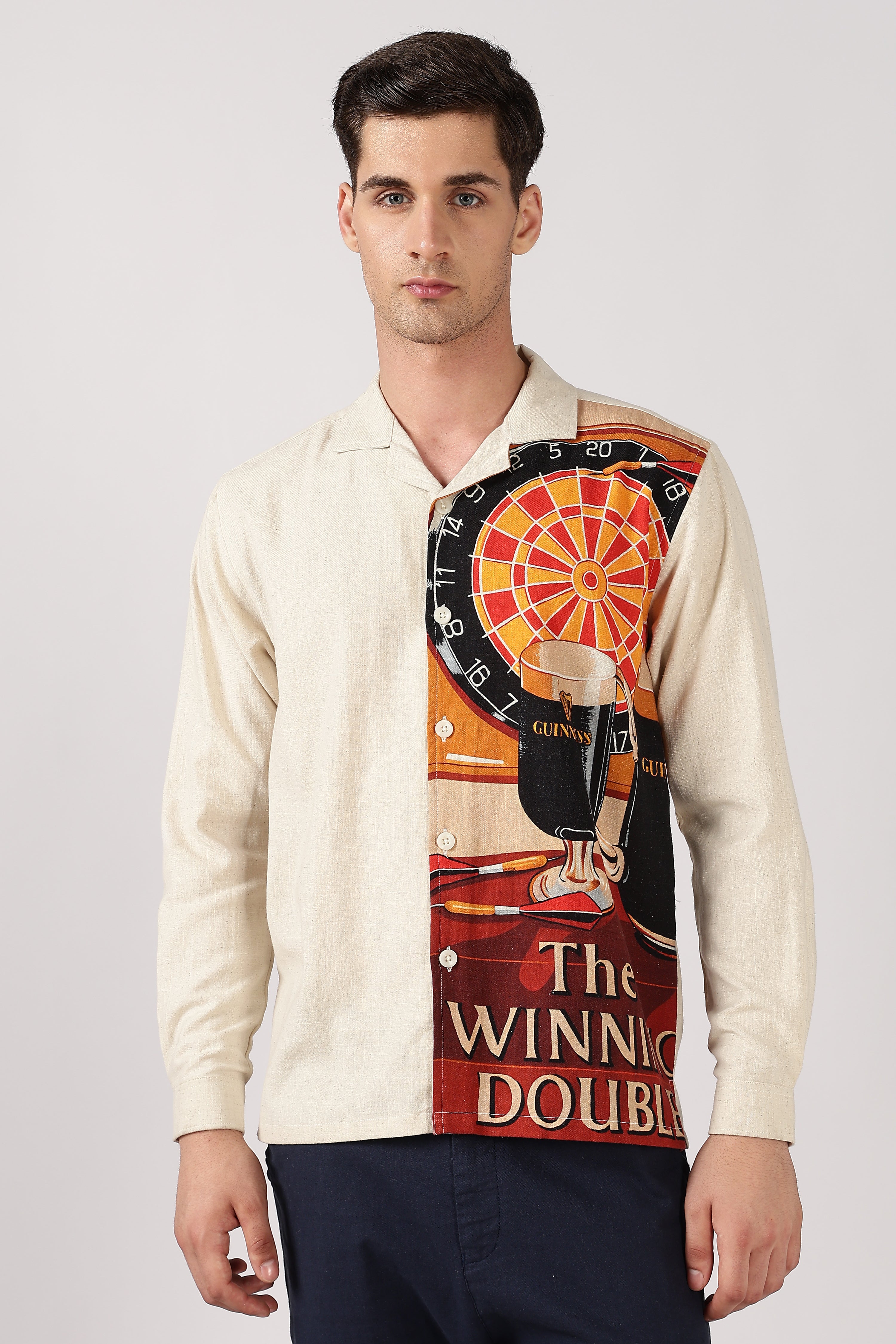 Vintage Pub Cotton Box Fit Beige Print Shirt
