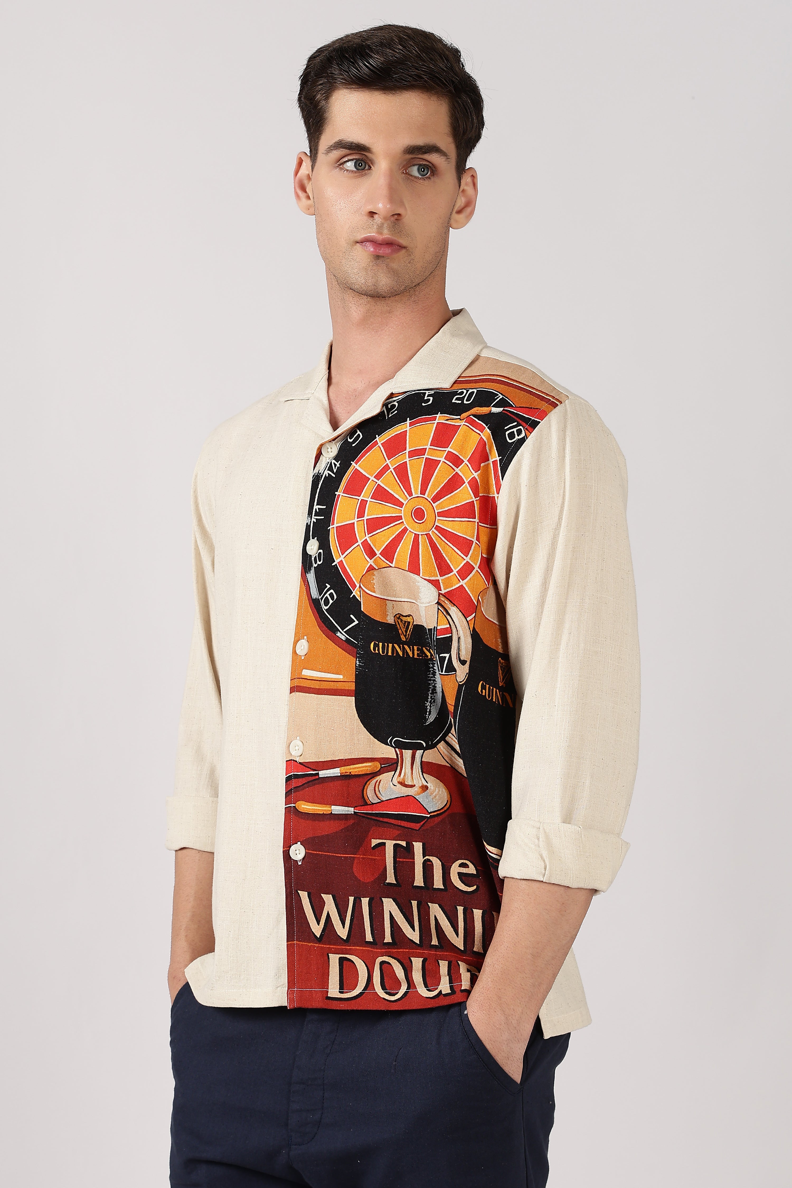 Vintage Pub Cotton Box Fit Beige Print Shirt