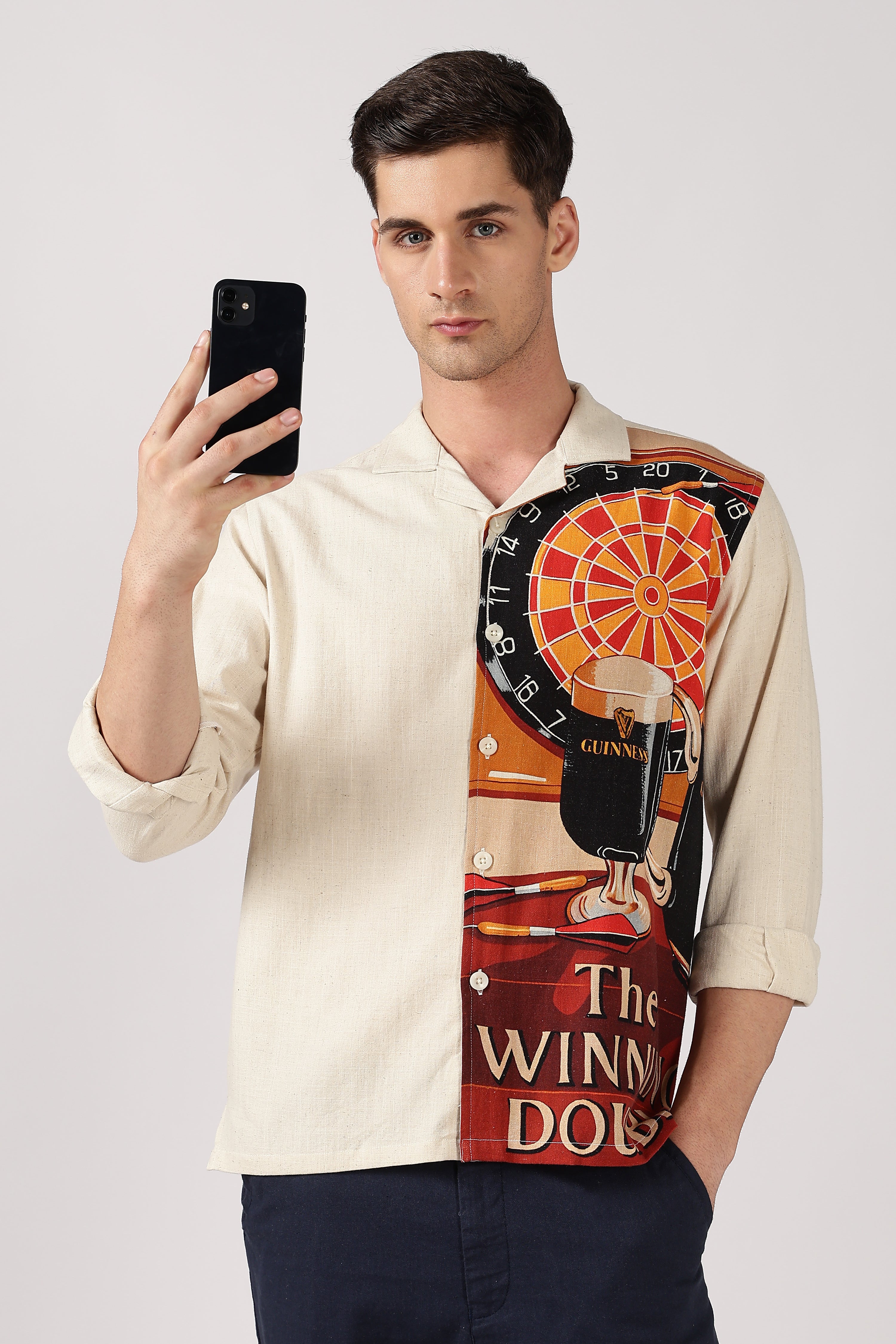 Vintage Pub Cotton Box Fit Beige Print Shirt