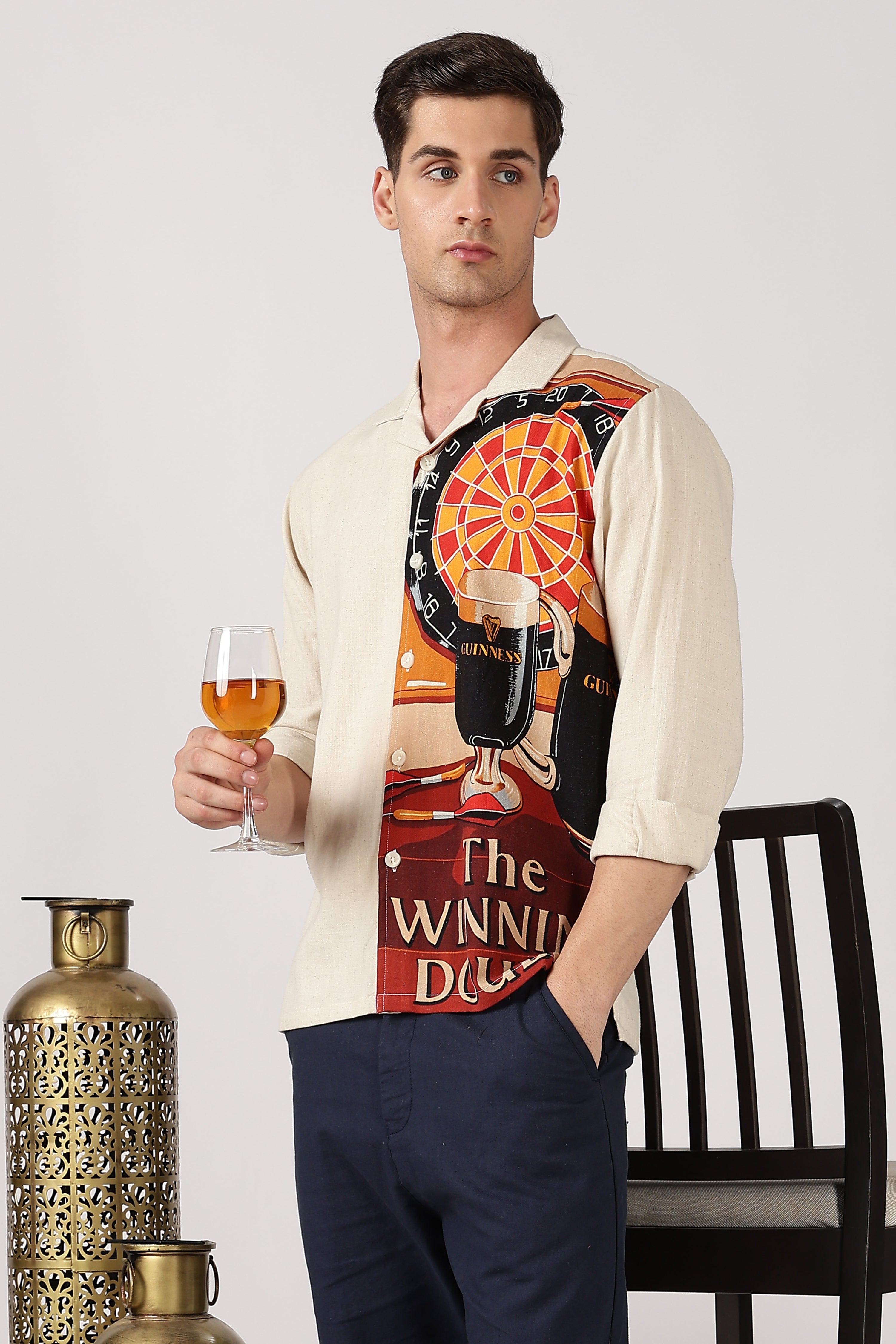 Vintage Pub Cotton Box Fit Beige Print Shirt