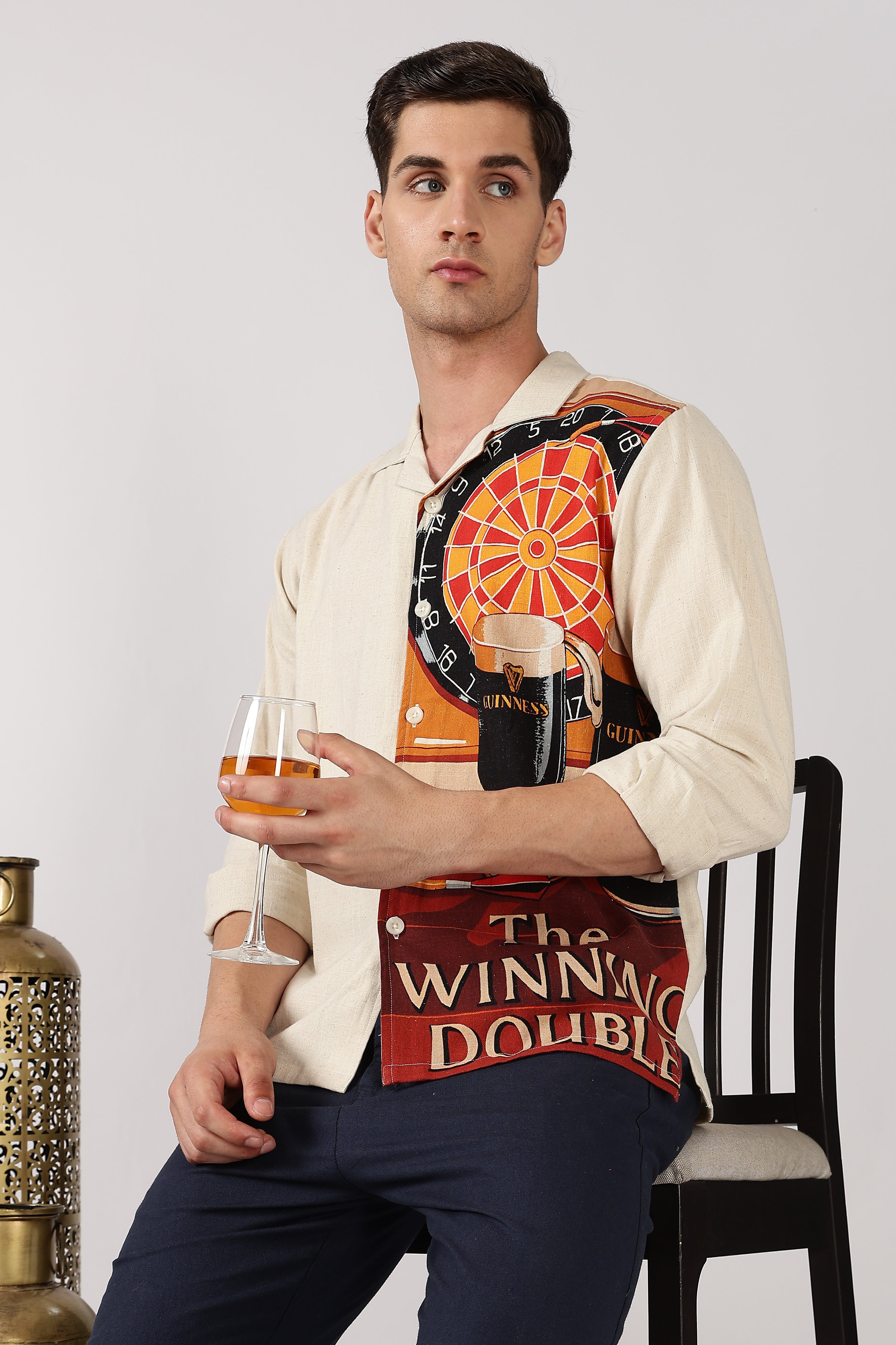 Vintage Pub Cotton Box Fit Beige Print Shirt