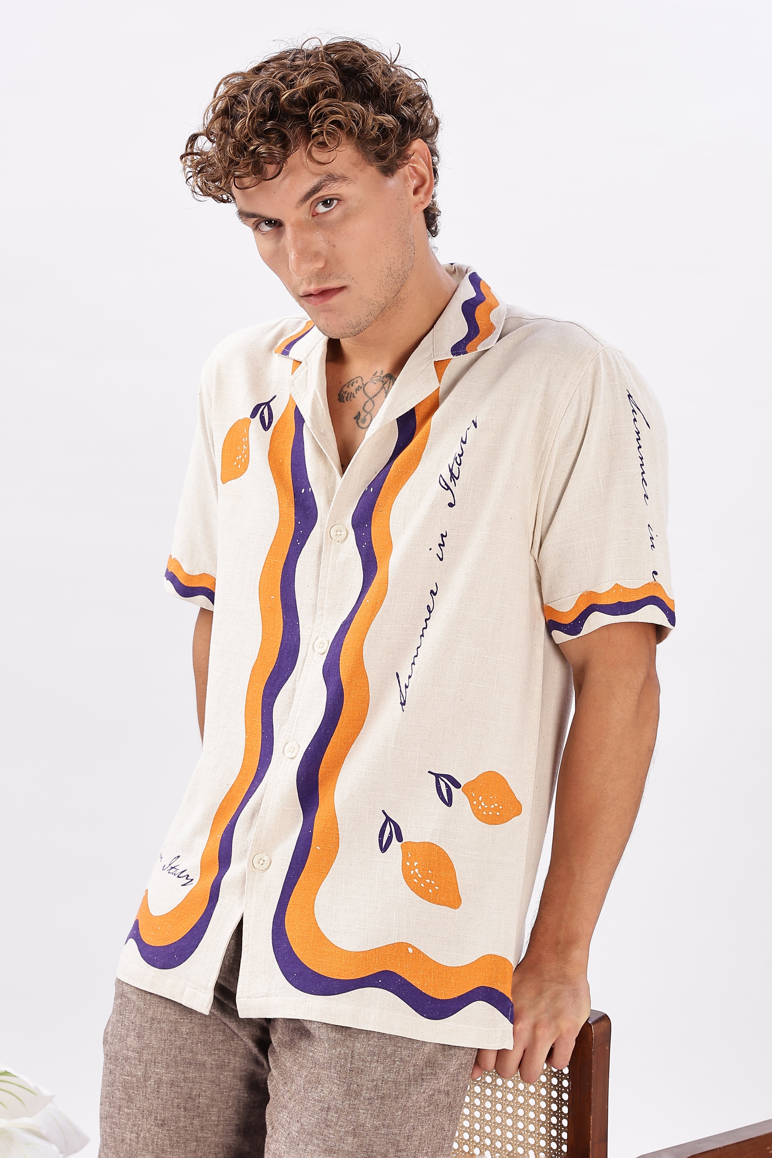 Retro Cuban Collar Shirt with Tangerine & Violet Waves